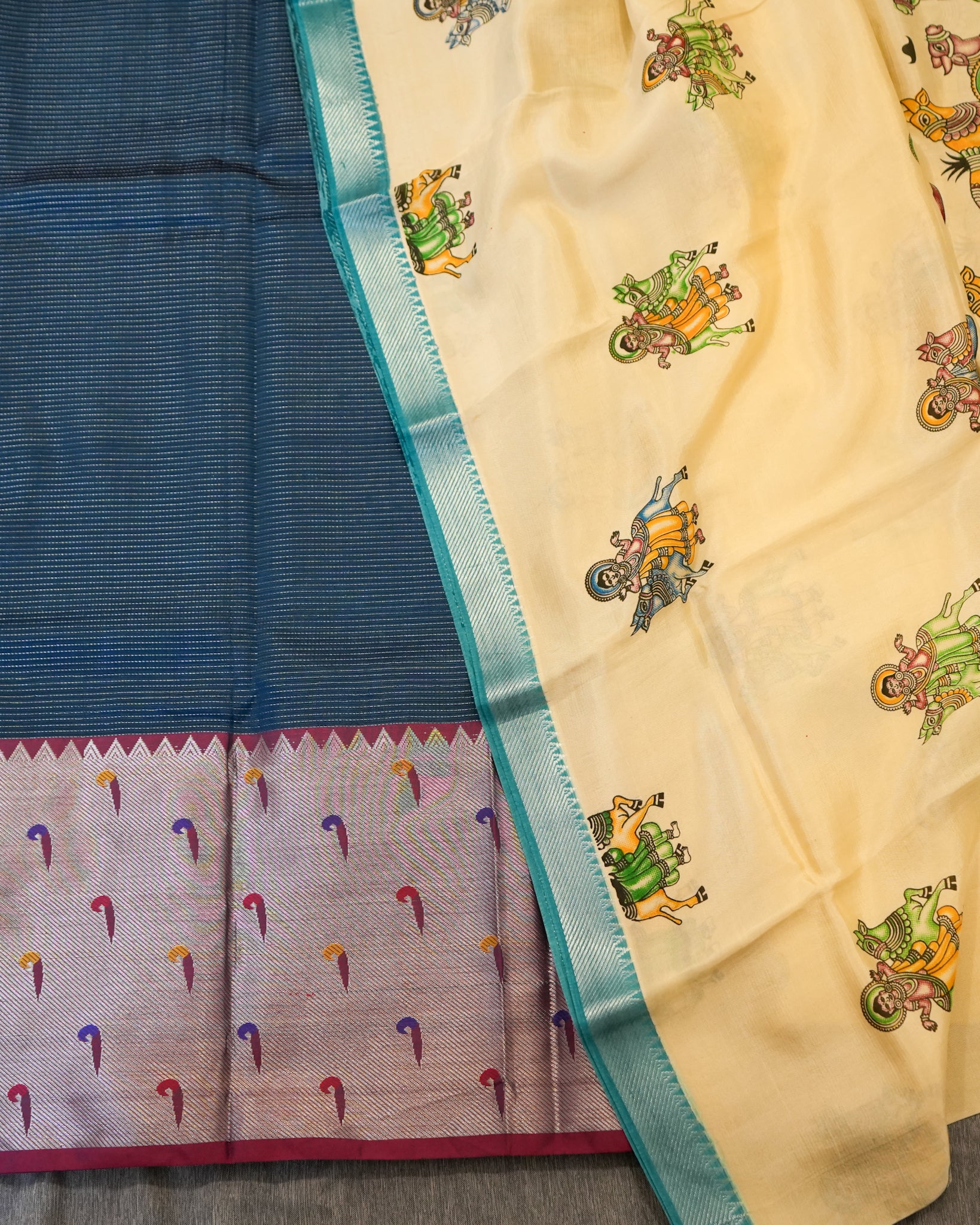 Mangalagiri Silk Teal Blue Lehenga Set Kalamkari Dupatta