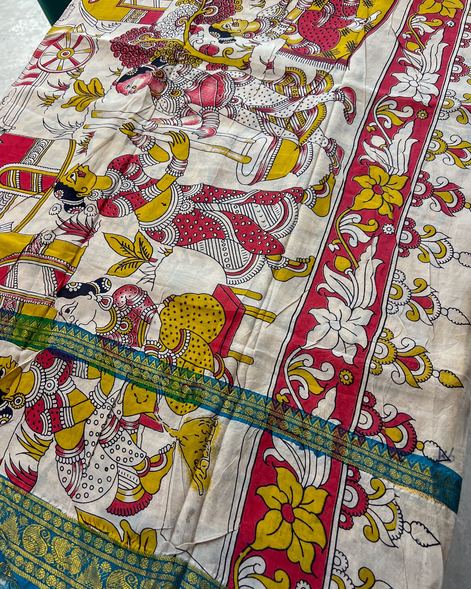 Mangalagiri Silk Saree with Kalamkari Border & Pallu | Yellow