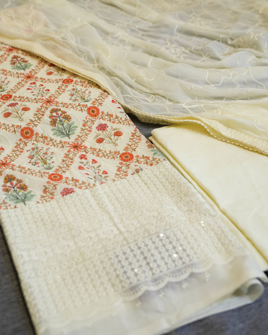 Cream Cotton Chikankari Embroidered Floral Printed Unstitched Suit