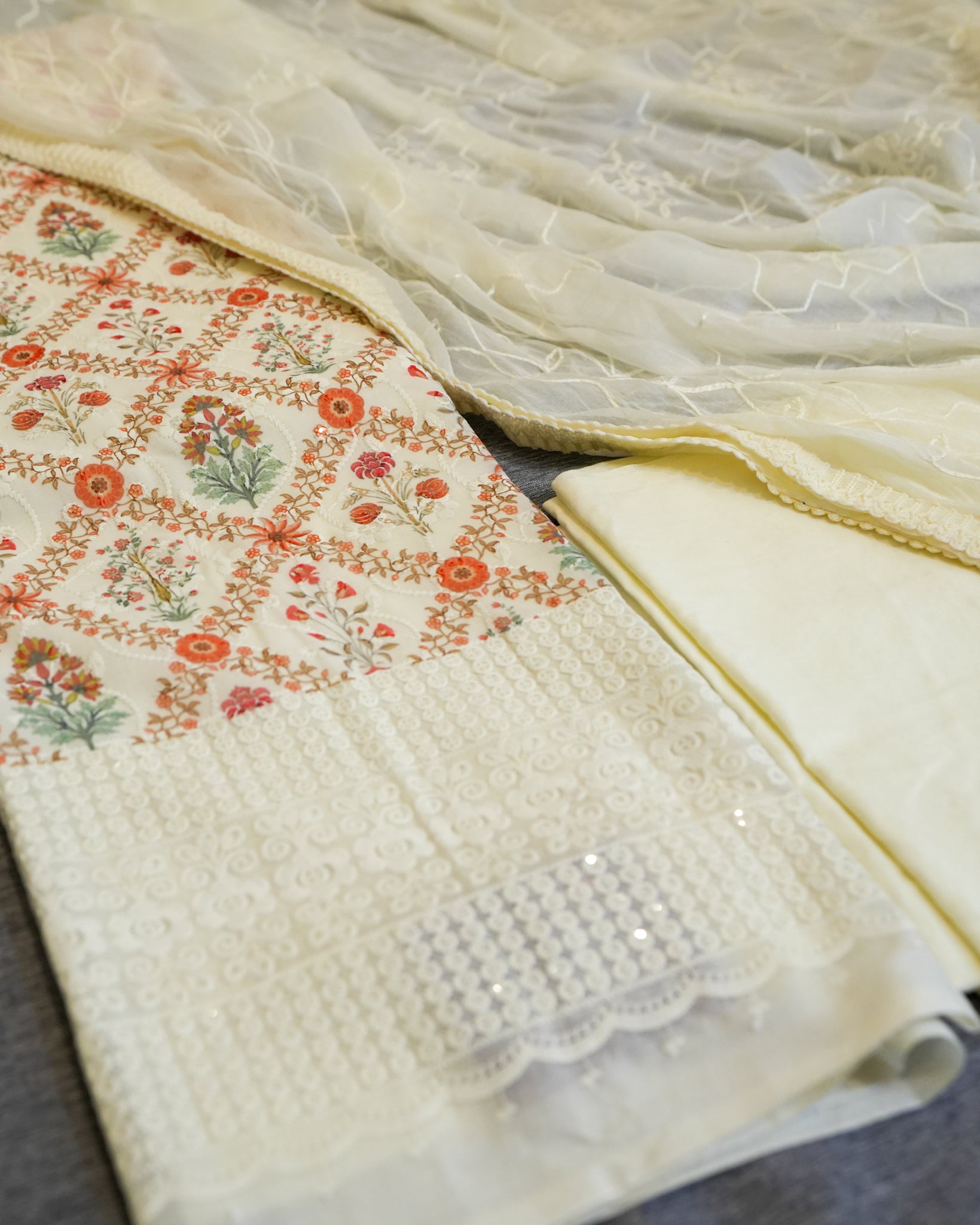 Cream Cotton Chikankari Embroidered Floral Printed Unstitched Suit