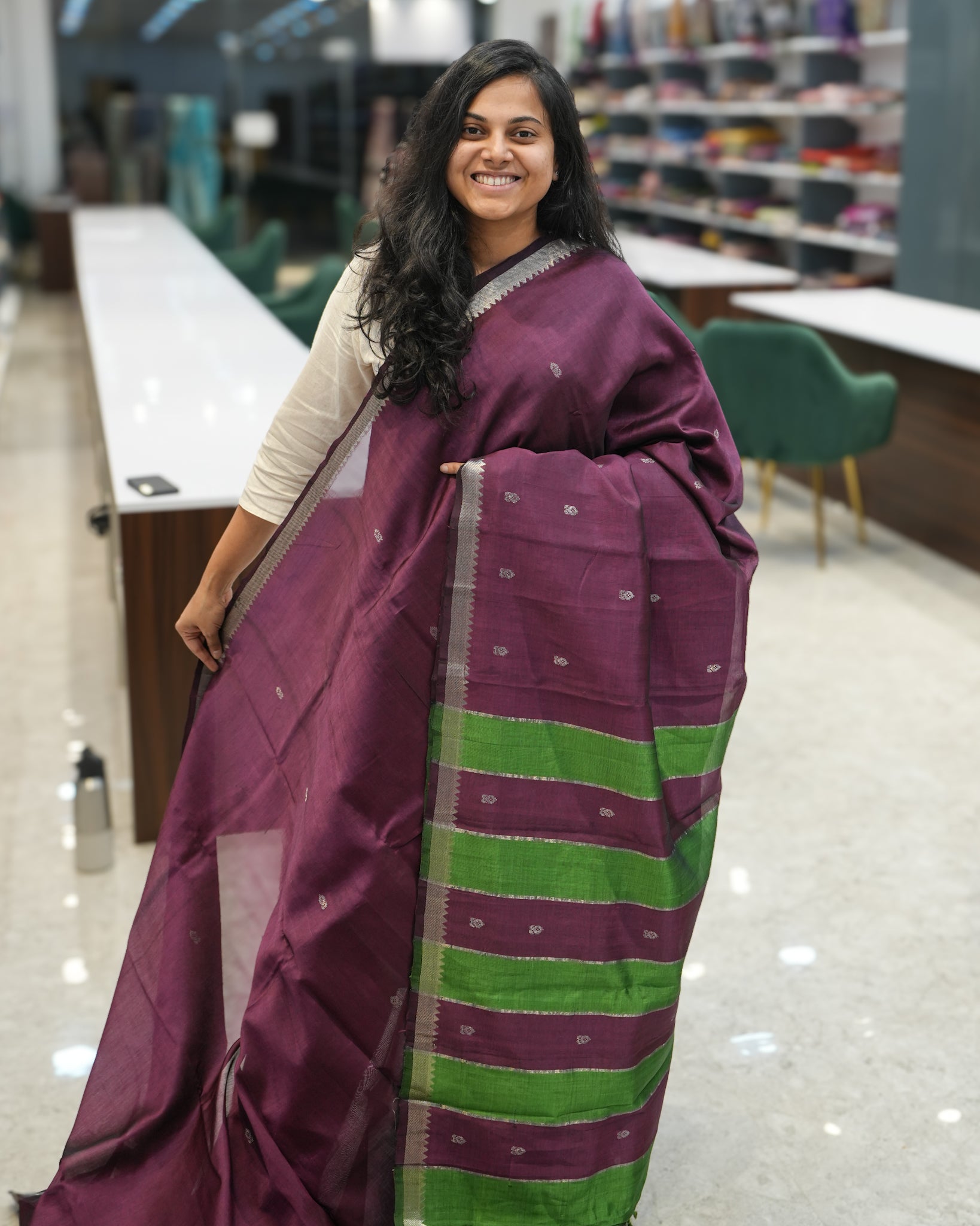 Mangalgiri Gatti Neta Saree – Wine & Green Contrast