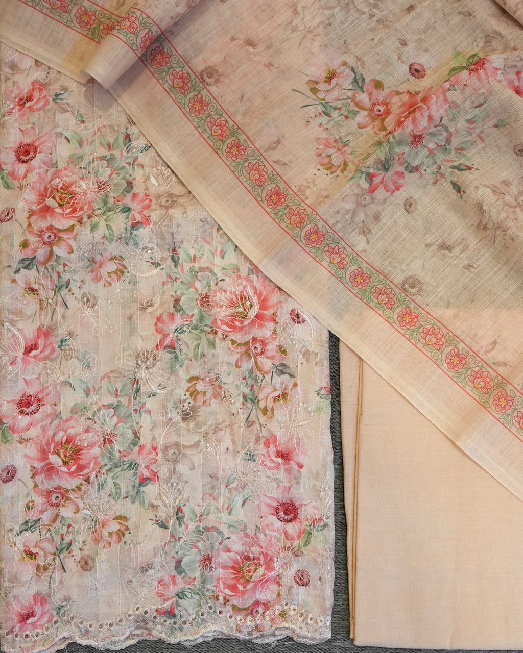 Peach Cotton Chikankari Embroidered Floral Printed Unstitched Suit