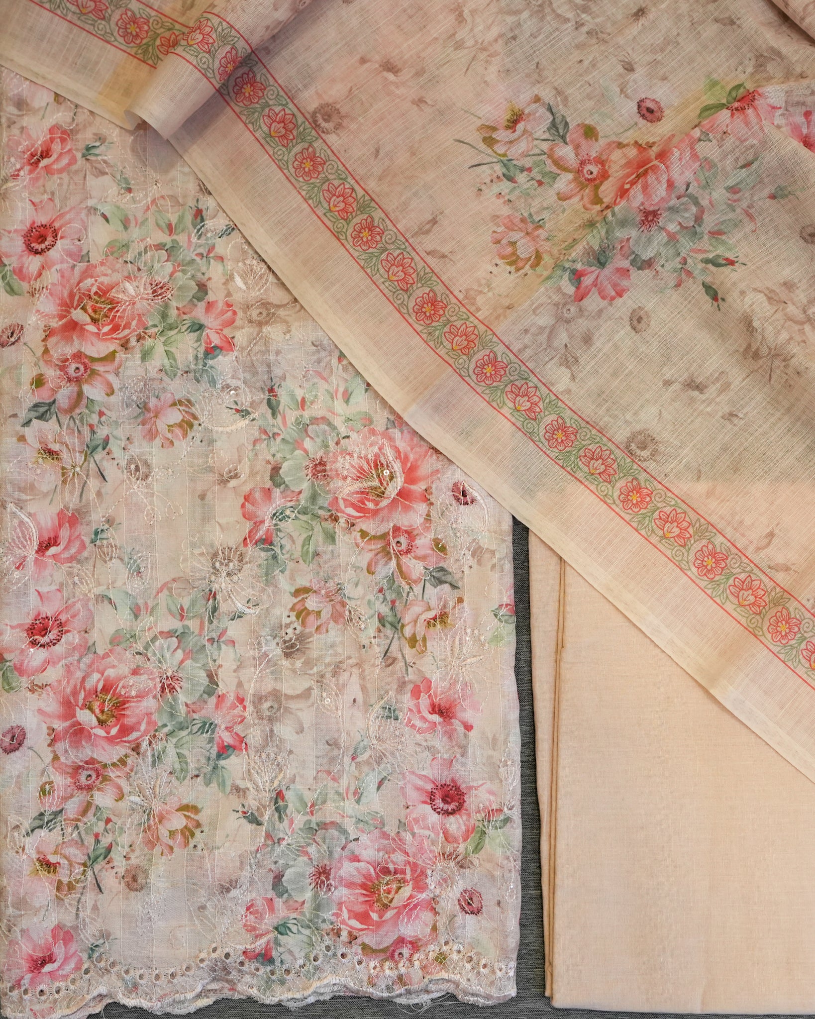 Peach Cotton Chikankari Embroidered Floral Printed Unstitched Suit