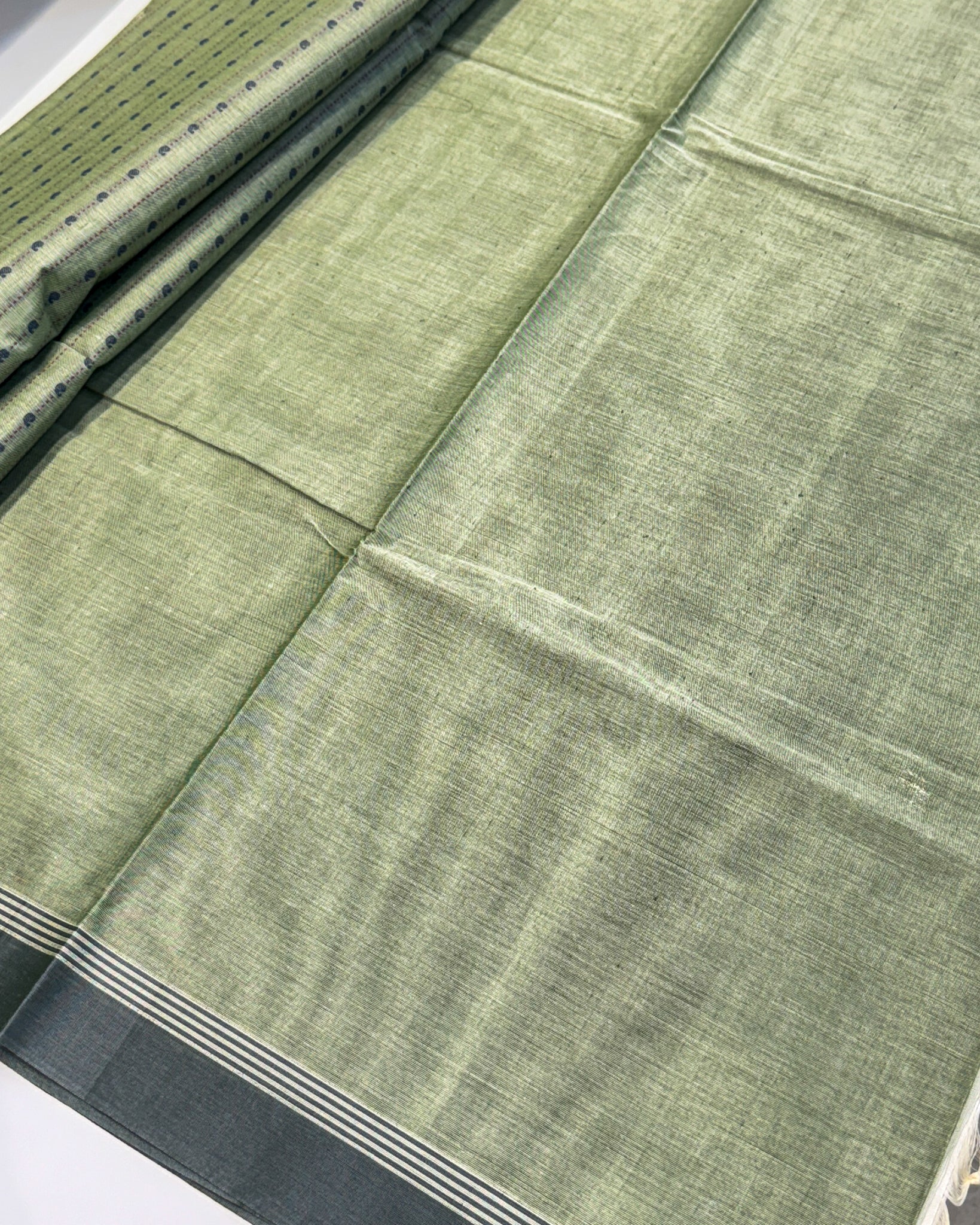 Kanchi Cotton Green Saree with Mango Line Buttas Thread Work