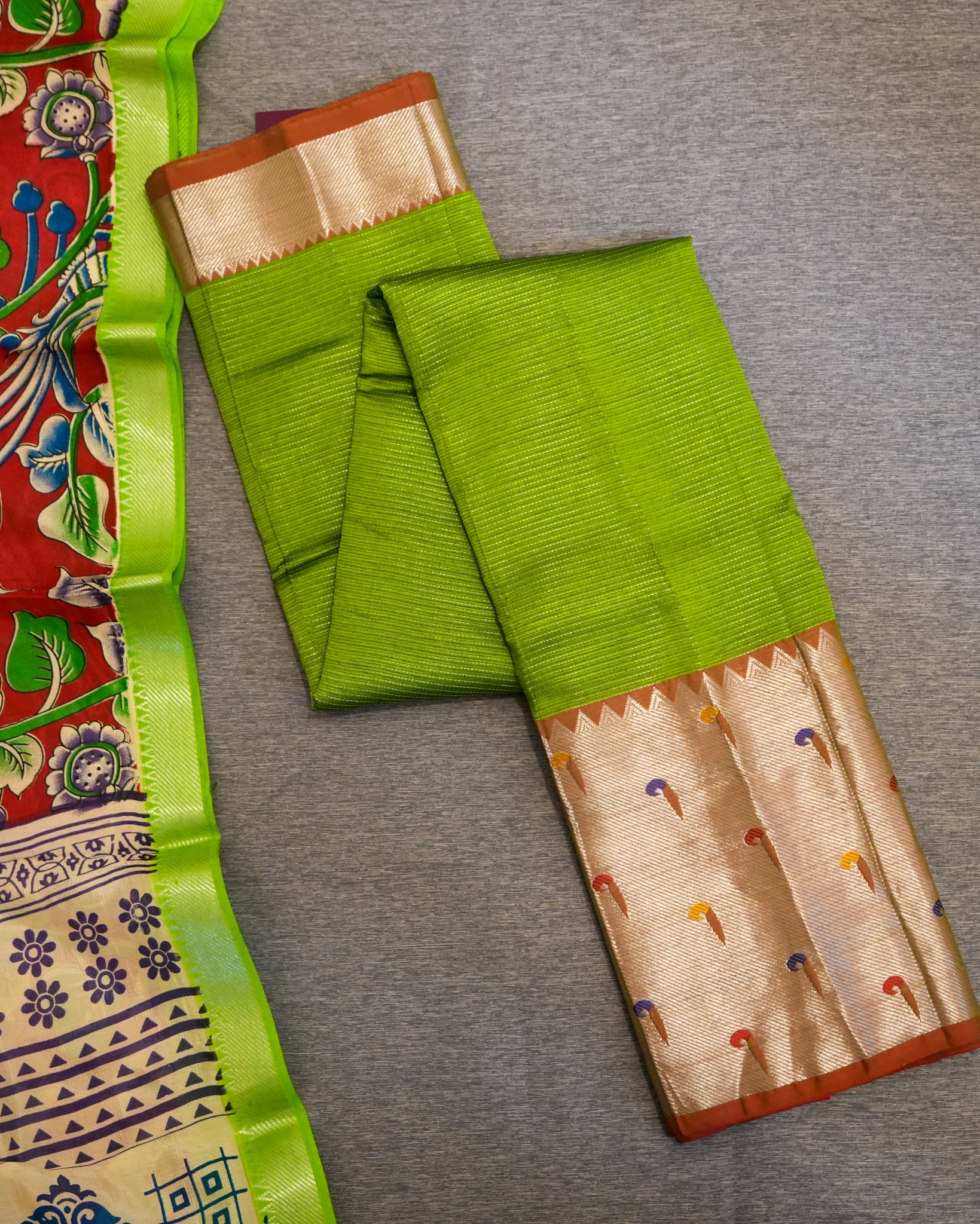 Mangalagiri Silk Green Lehenga Set Kalamkari Dupatta