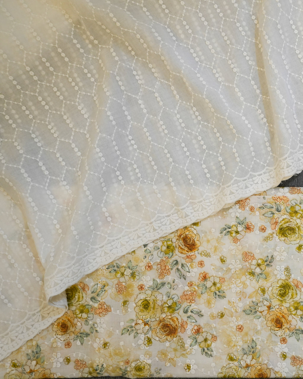 Cream & Yellow Cotton Chikankari Embroidered Floral Printed Unstitched Suit