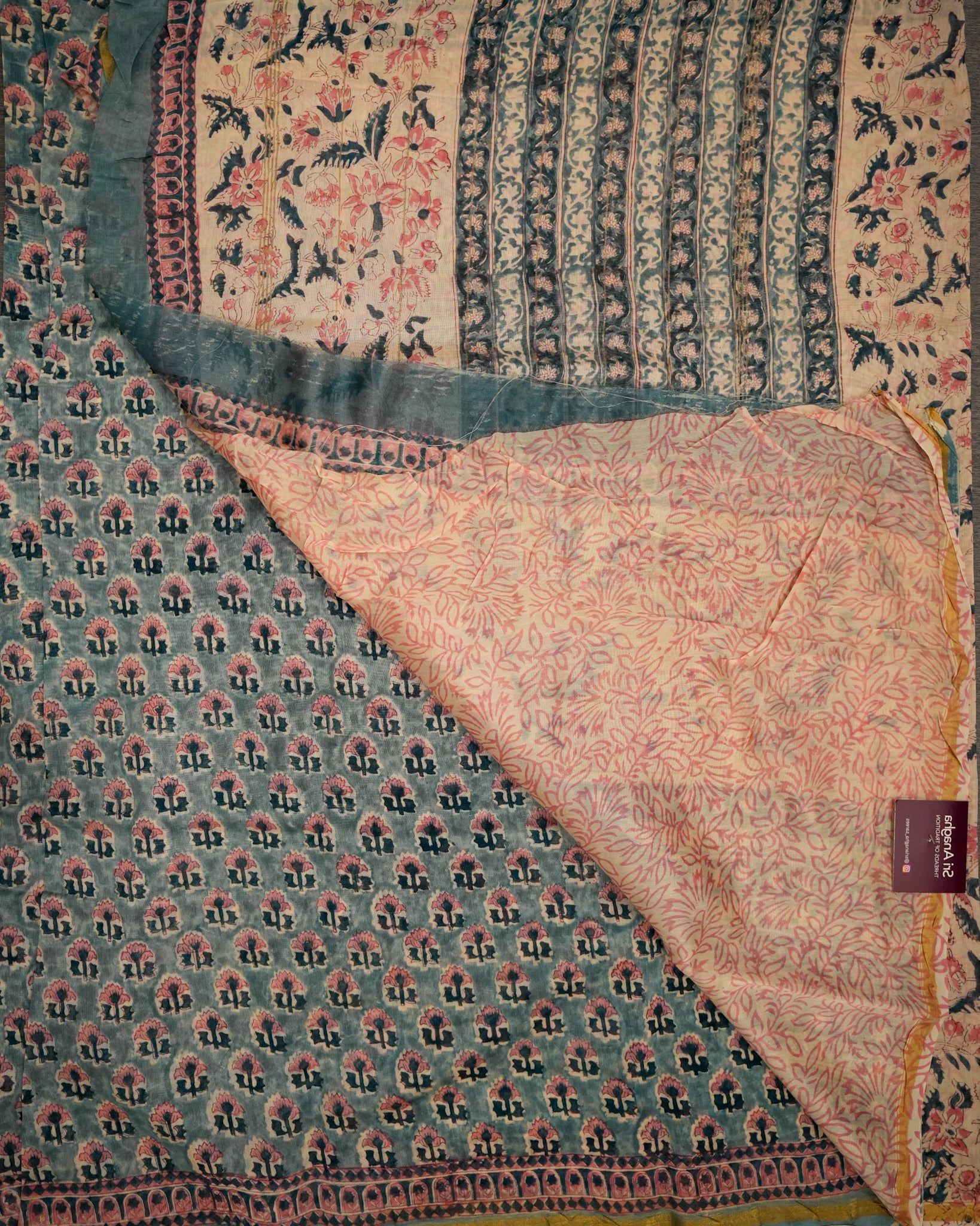 Chanderi Blue Pink Tropical Floral Silk Saree