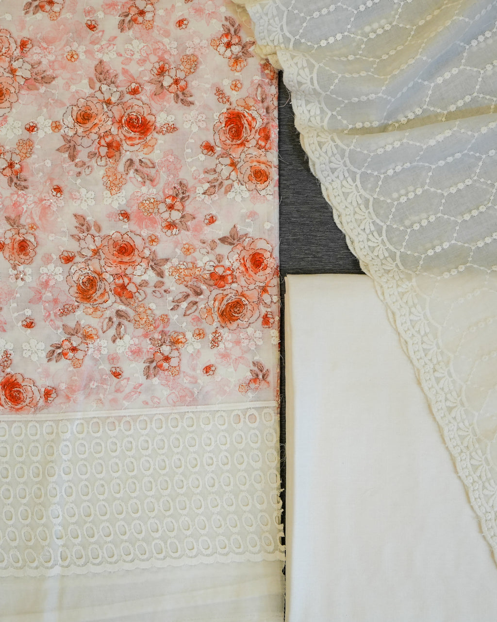 Cream & Orange Cotton Chikankari Embroidered Floral Printed Unstitched Suit