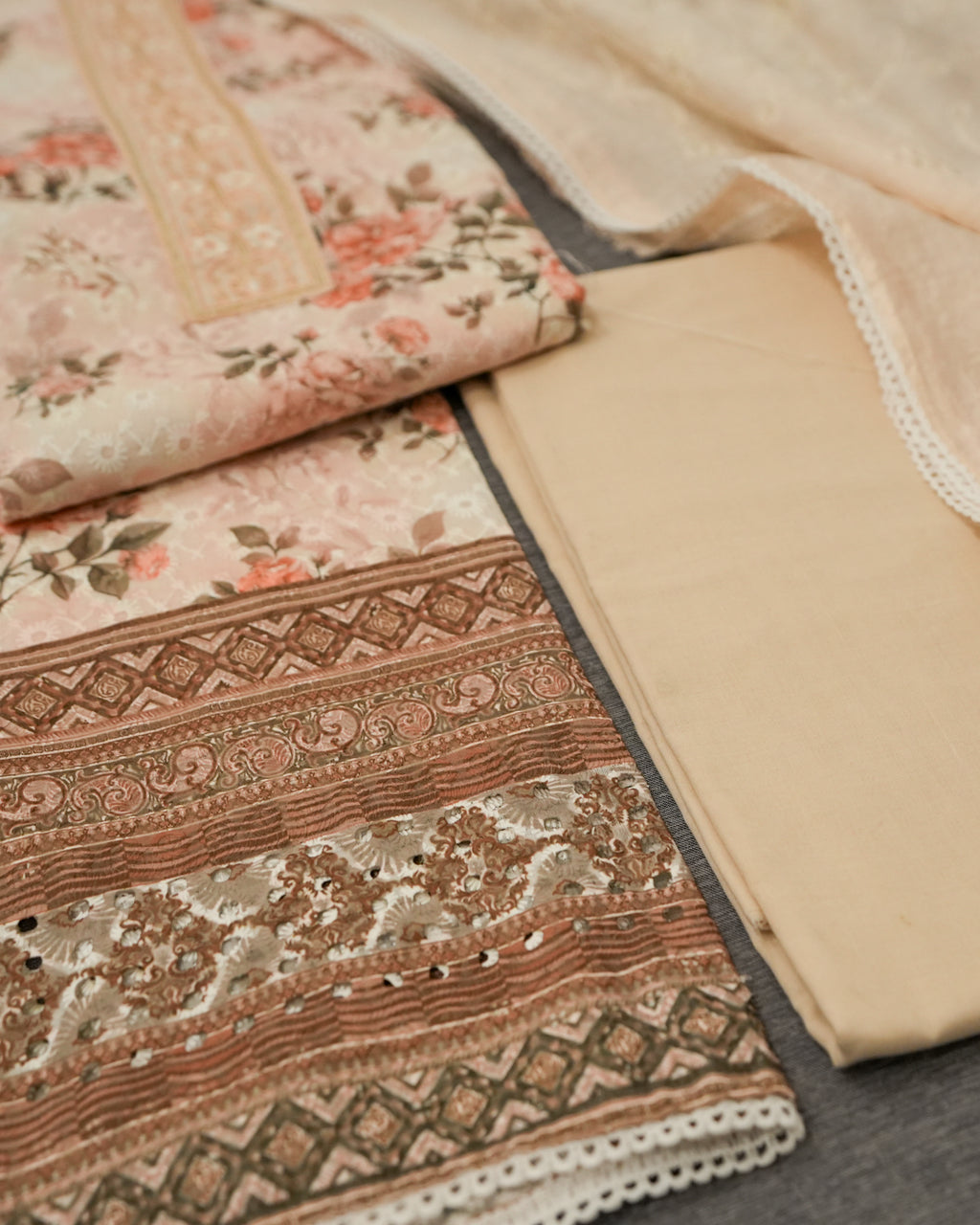 Orange Cotton Chikankari Embroidered Floral Printed Unstitched Suit