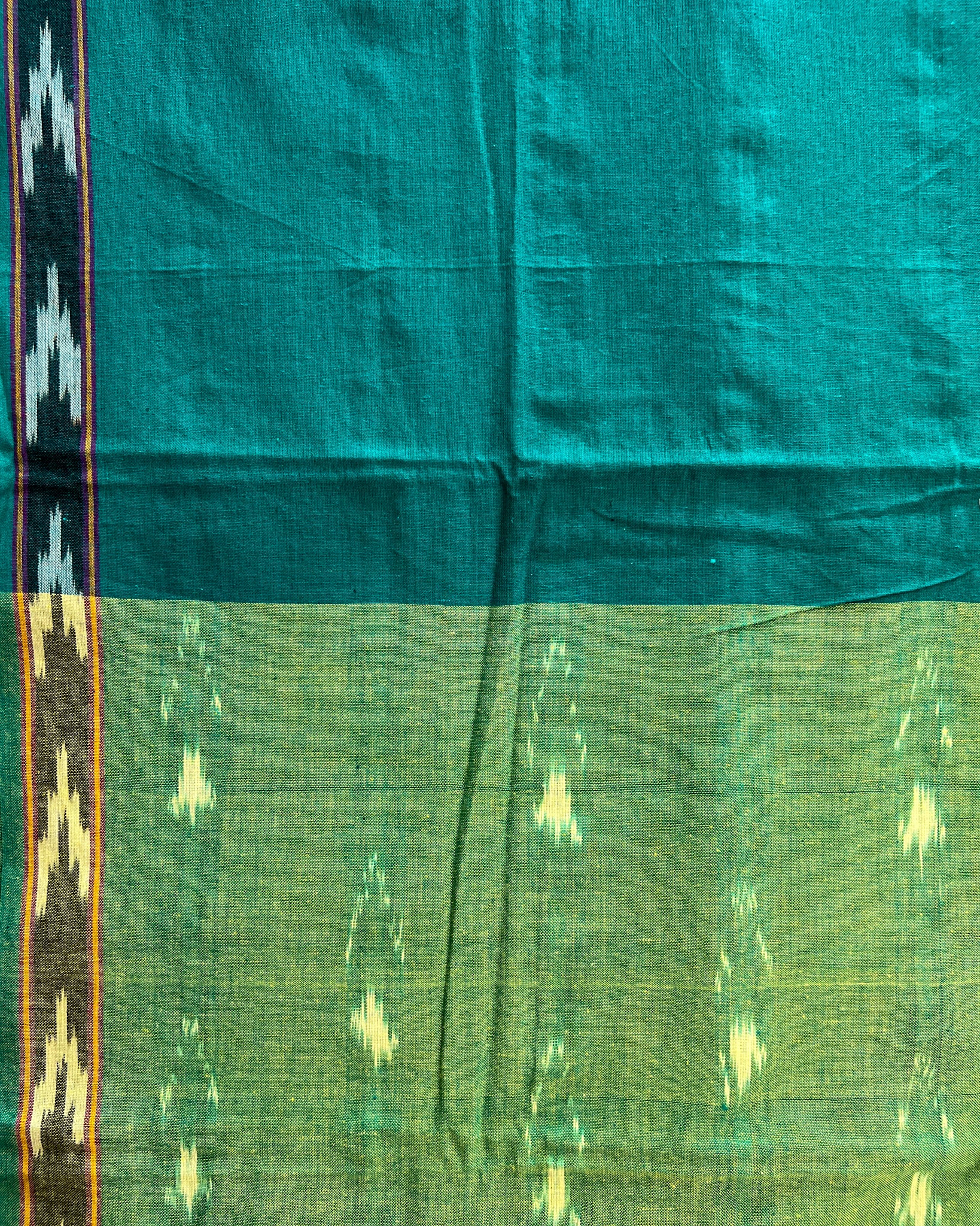 Single Ikkat Cotton Dress Material 3-Piece Green/Blue
