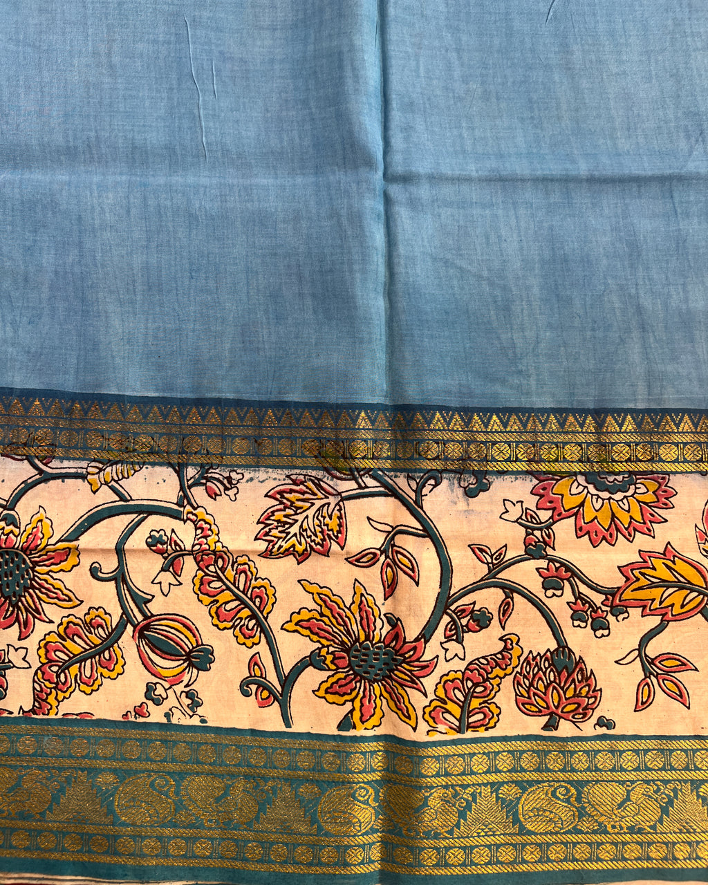 Mangalagiri Silk Saree with Kalamkari Border & Pallu | Blues