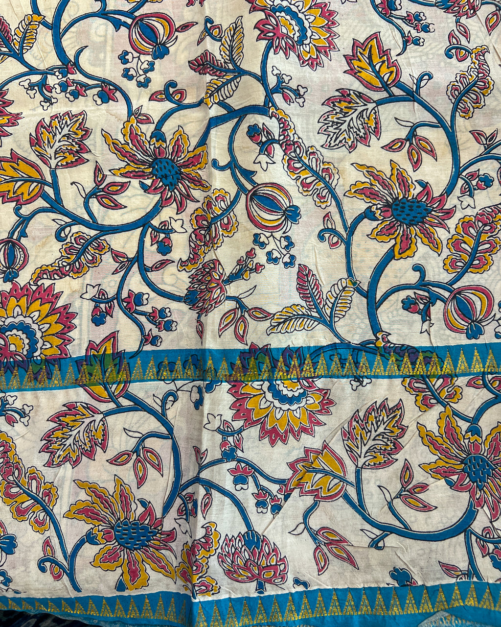 Mangalagiri Silk Saree with Kalamkari Border & Pallu | Blue