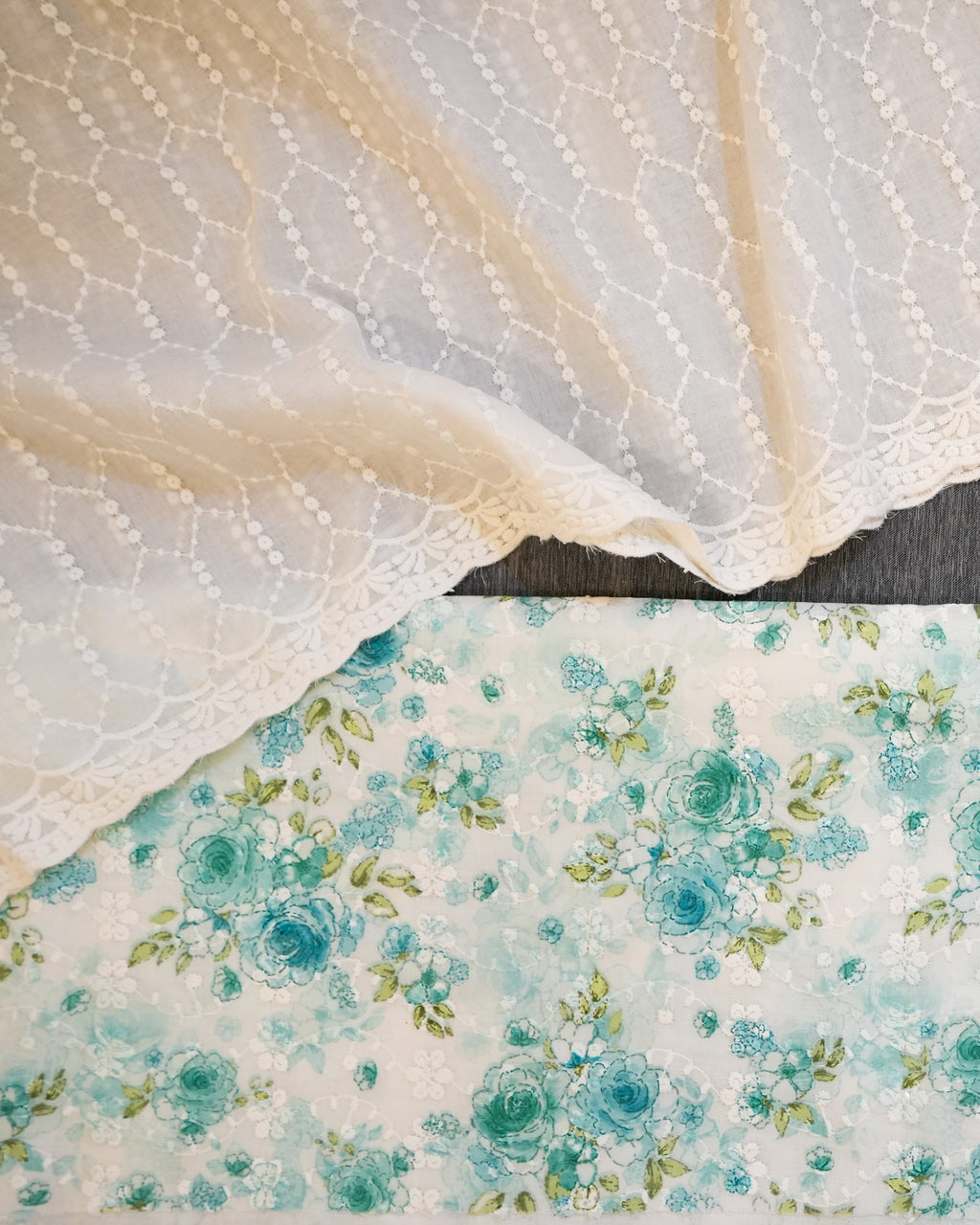 Cream & Blue Cotton Chikankari Embroidered Floral Printed Unstitched Suit