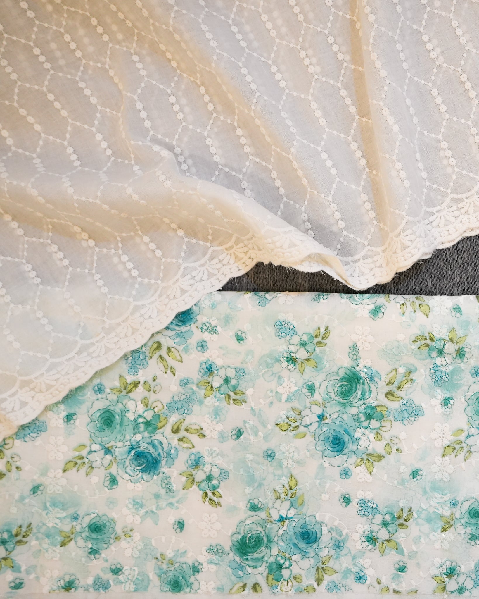 Cream & Blue Cotton Chikankari Embroidered Floral Printed Unstitched Suit