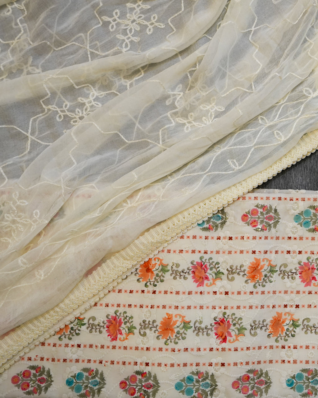 Cream Cotton Chikankari Embroidered Floral Printed Unstitched Suit