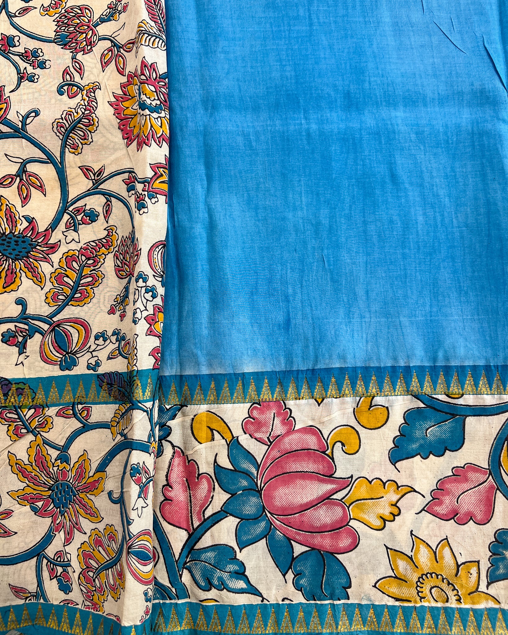 Mangalagiri Silk Saree with Kalamkari Border & Pallu | Blue