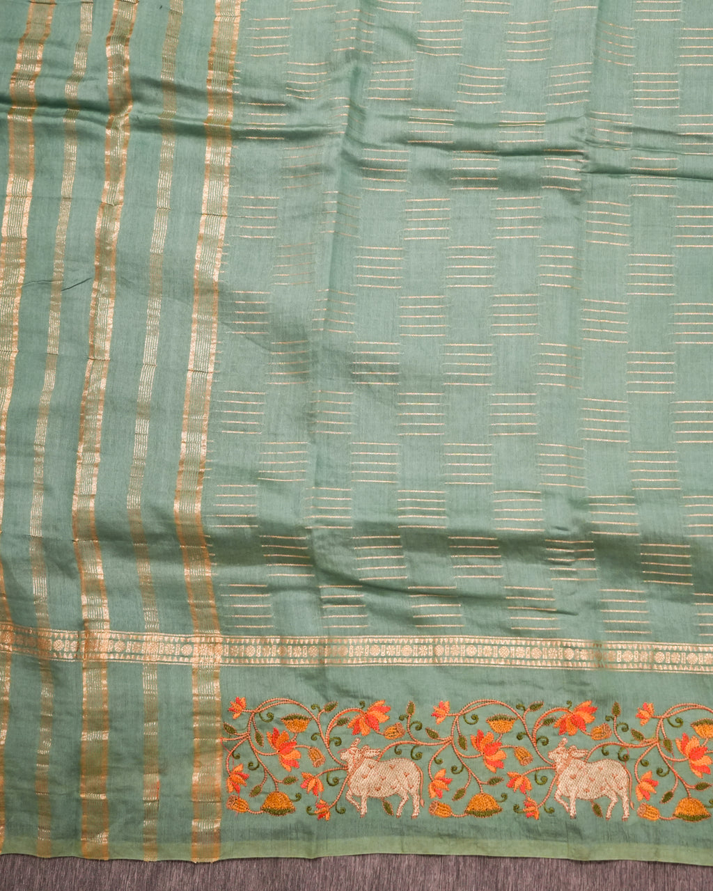 Soft Tussar Sea Green Premium Saree with Zari Work & Pichwai Embroidered Border