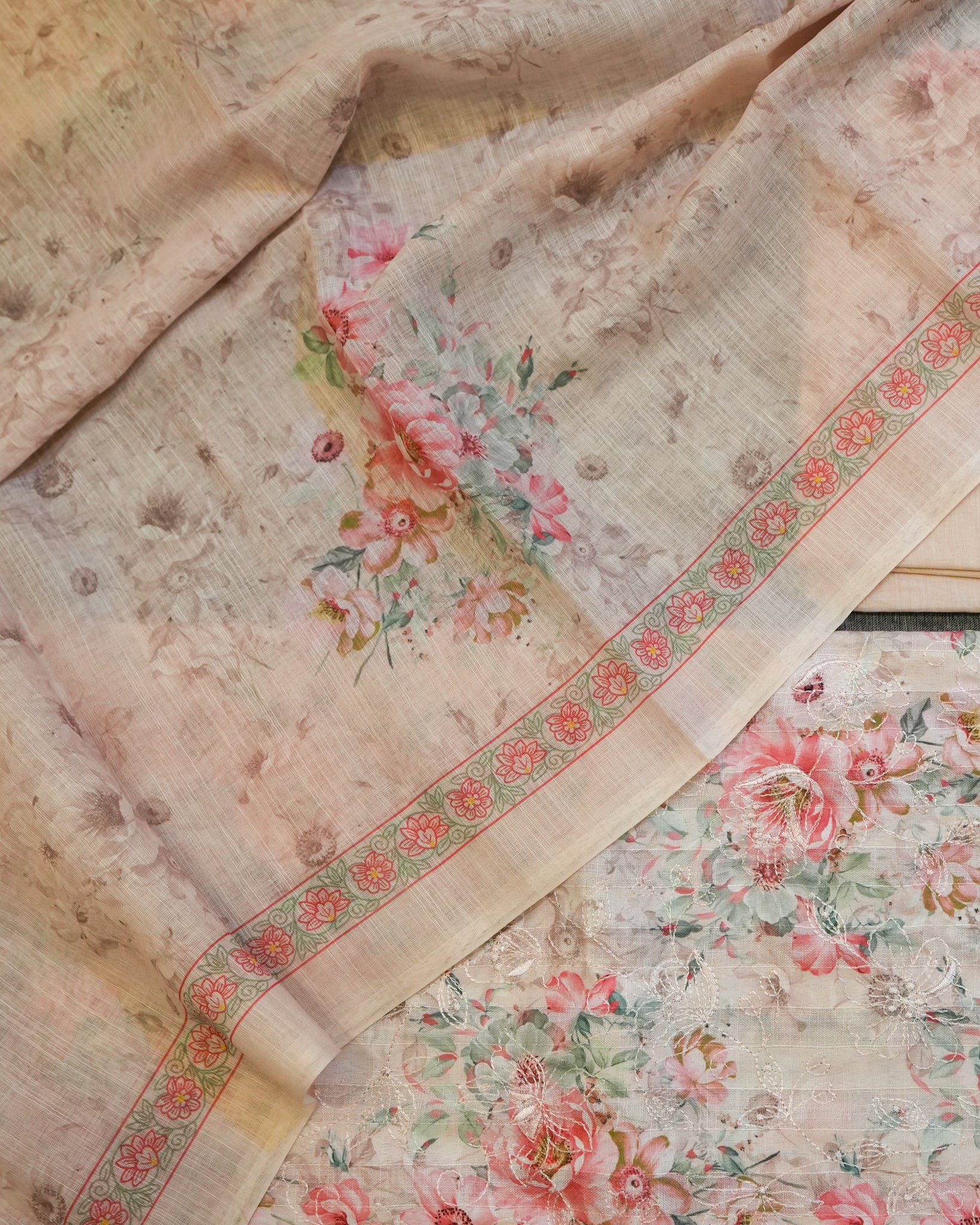 Peach Cotton Chikankari Embroidered Floral Printed Unstitched Suit