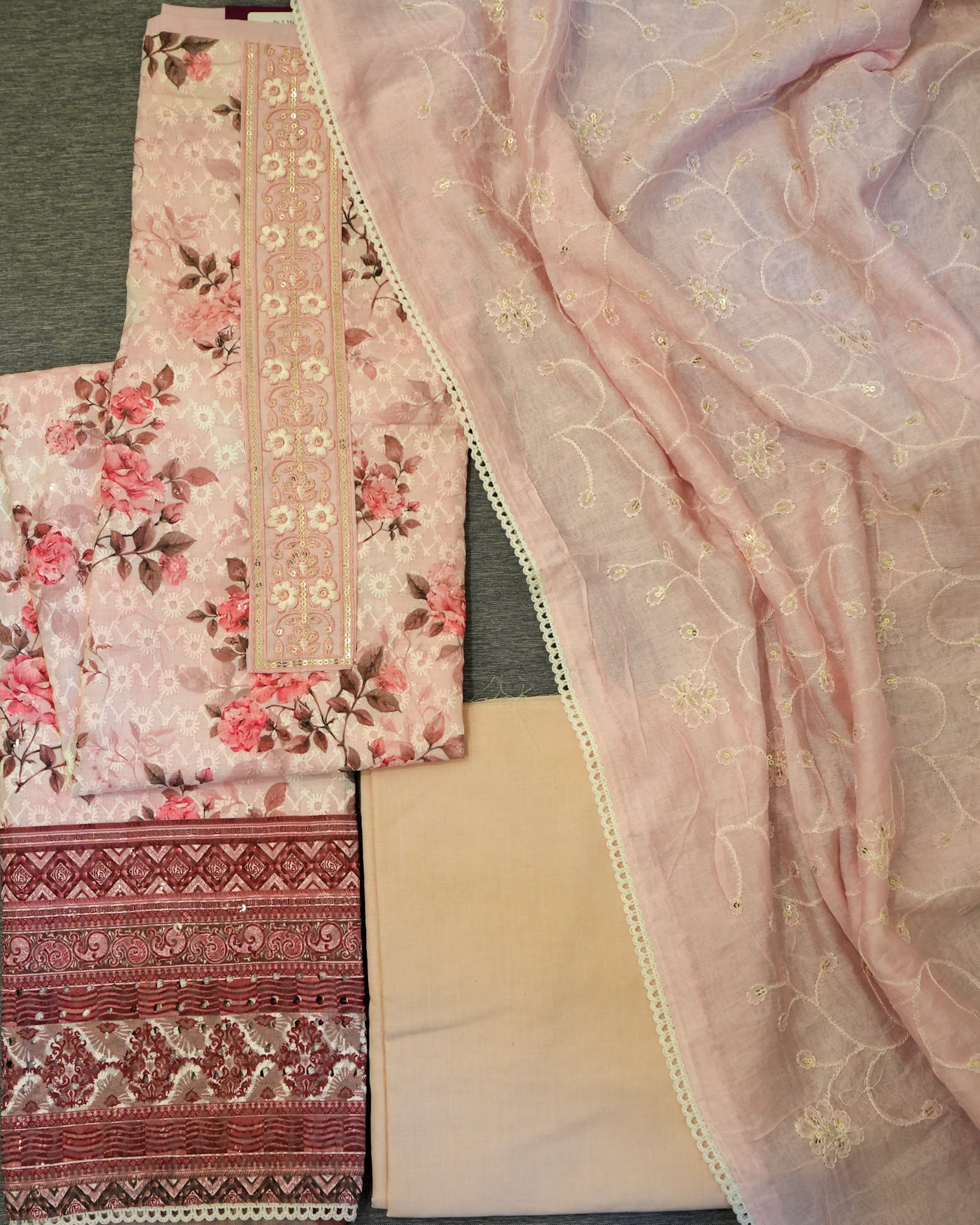 Pink Cotton Chikankari Embroidered Floral Printed Unstitched Suit