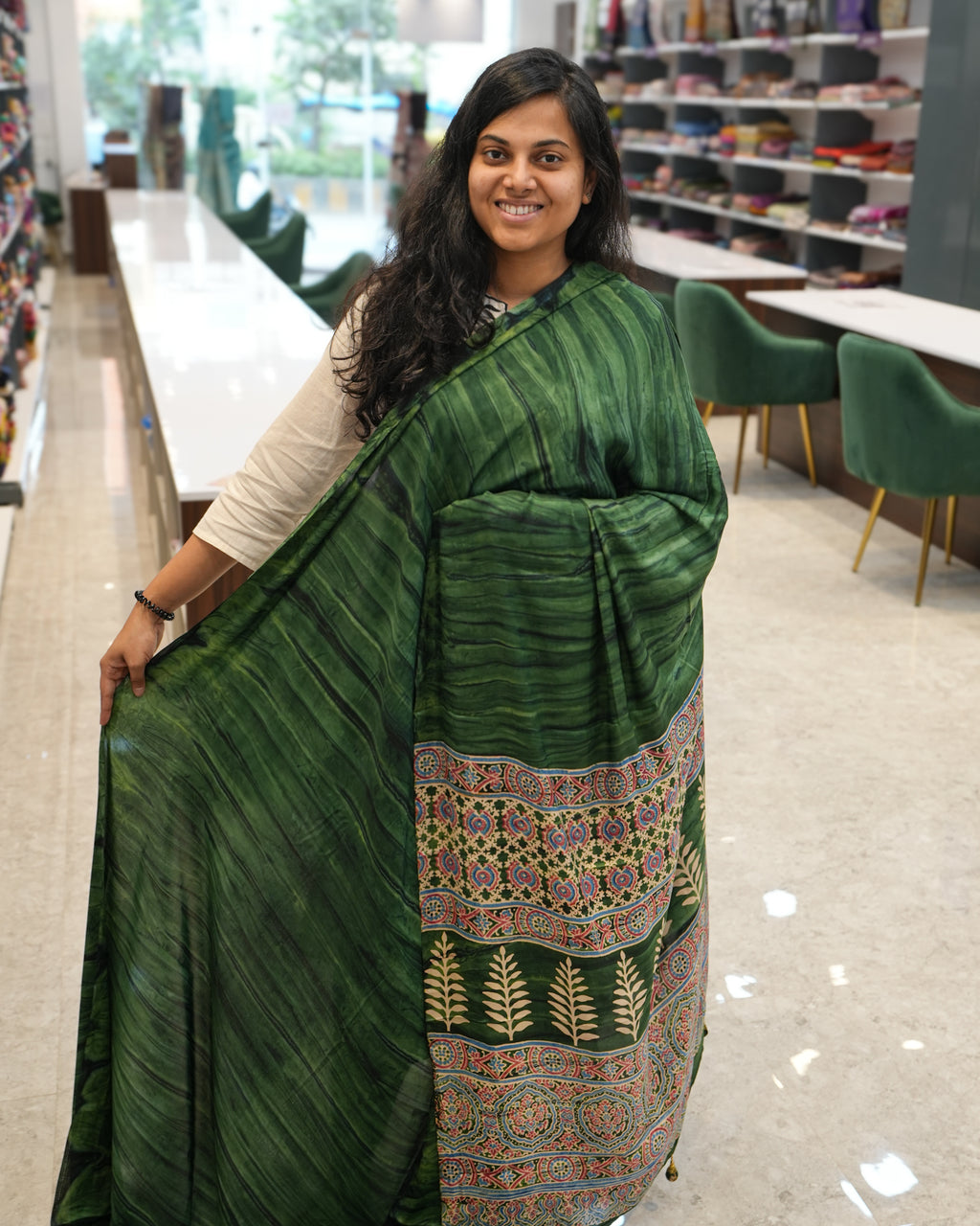 Premium Semi Modal Silk Saree in Green with Shibori & Ajrakh Print
