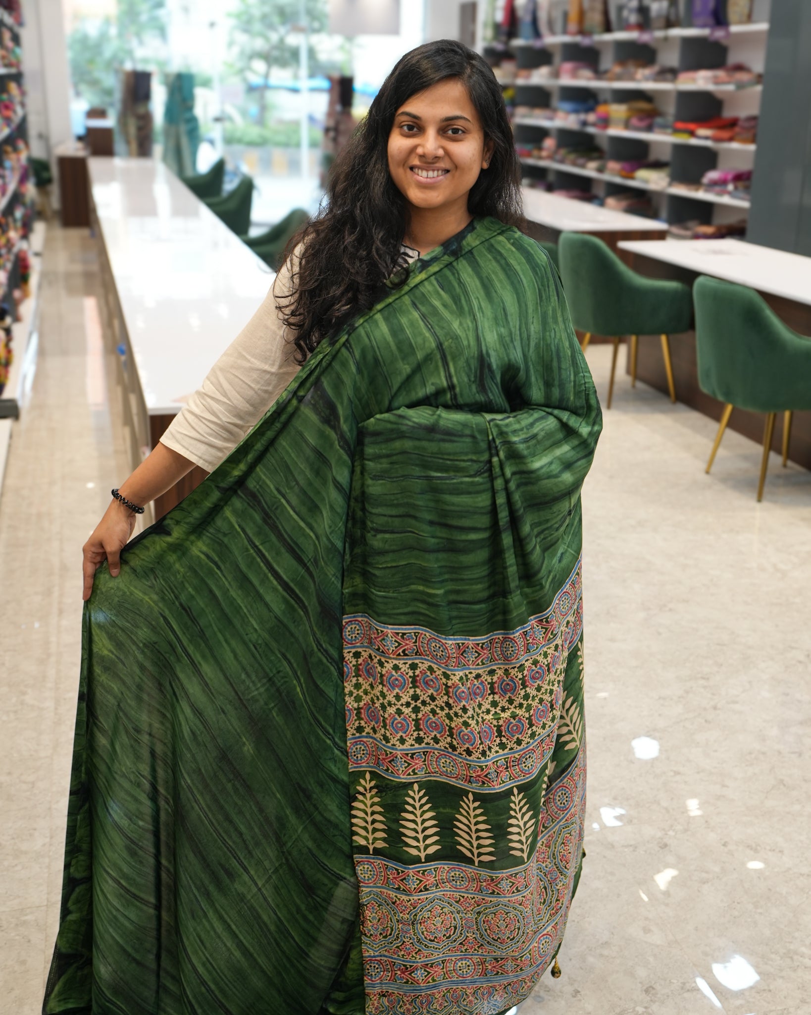 Premium Semi Modal Silk Saree in Green with Shibori & Ajrakh Print