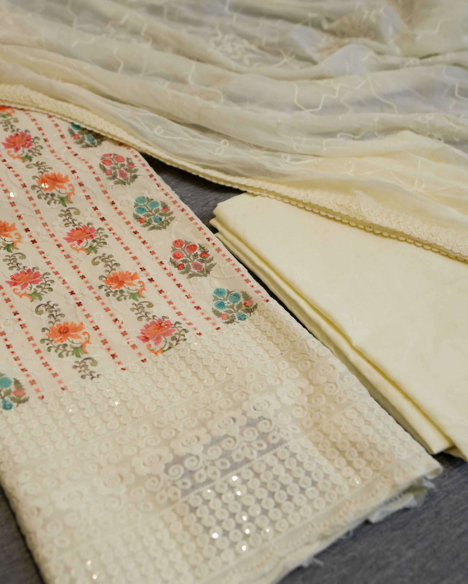 Cream Cotton Chikankari Embroidered Floral Printed Unstitched Suit