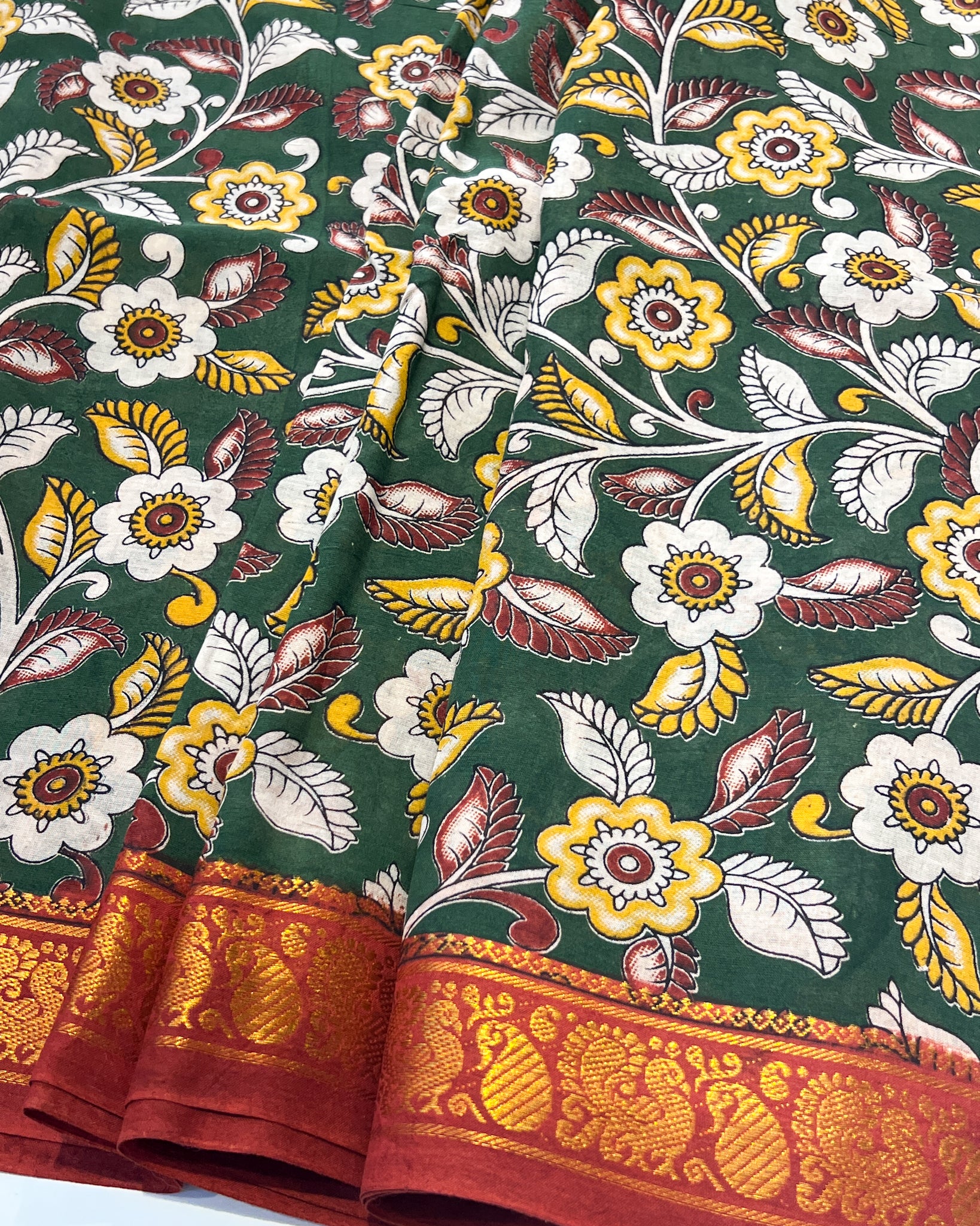 Kalamkari Cotton Saree with Nizam Border – Green Floral Pattern