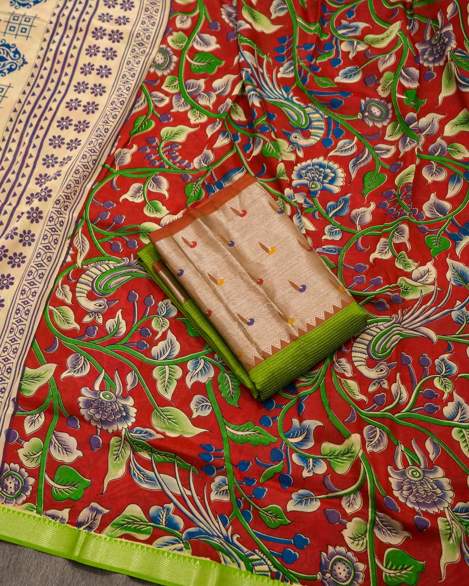 Mangalagiri Silk Green Lehenga Set Kalamkari Dupatta