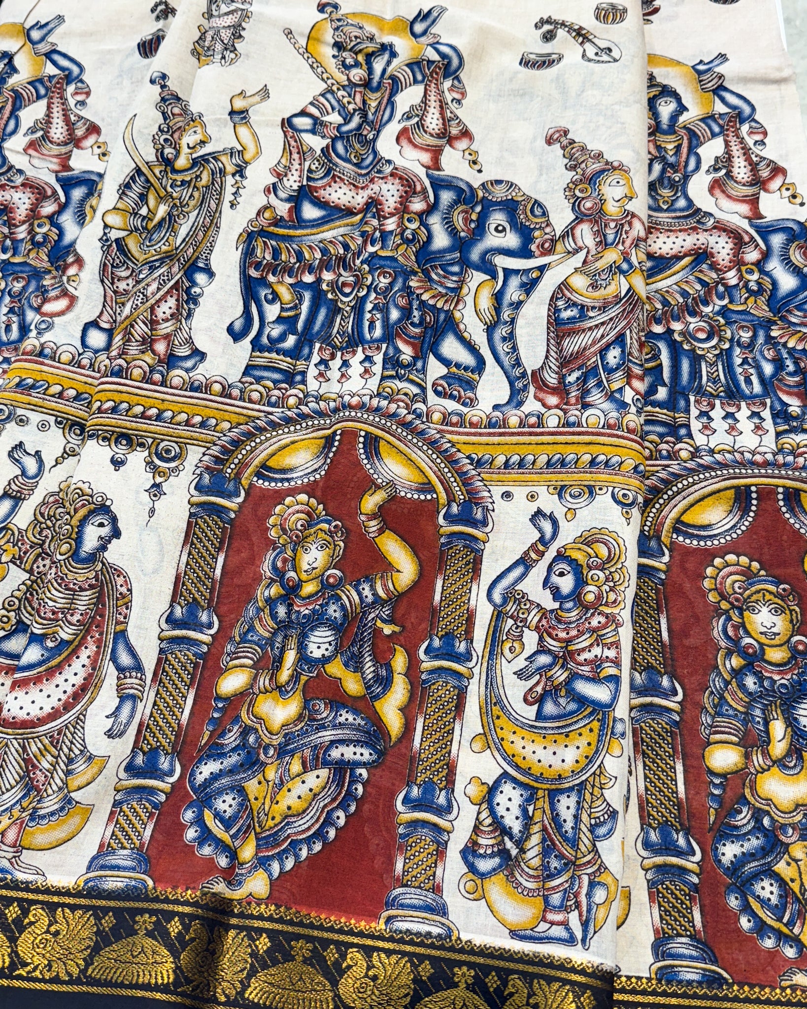 Kalamkari Cotton Saree with Nizam Border – White Village Pattern