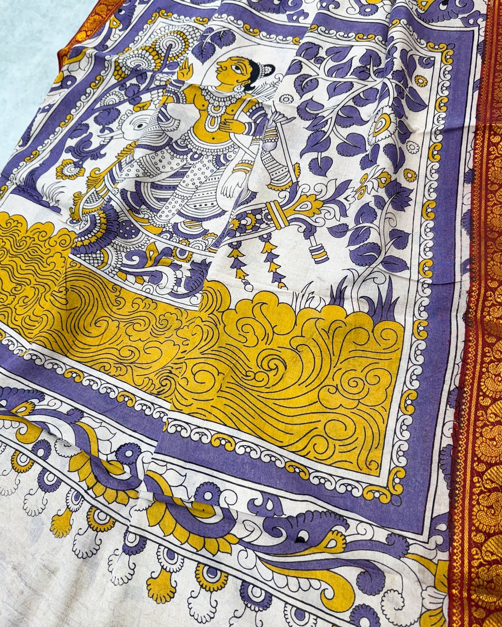 Kalamkari Cotton Saree with Nizam Border – White Floral Pattern