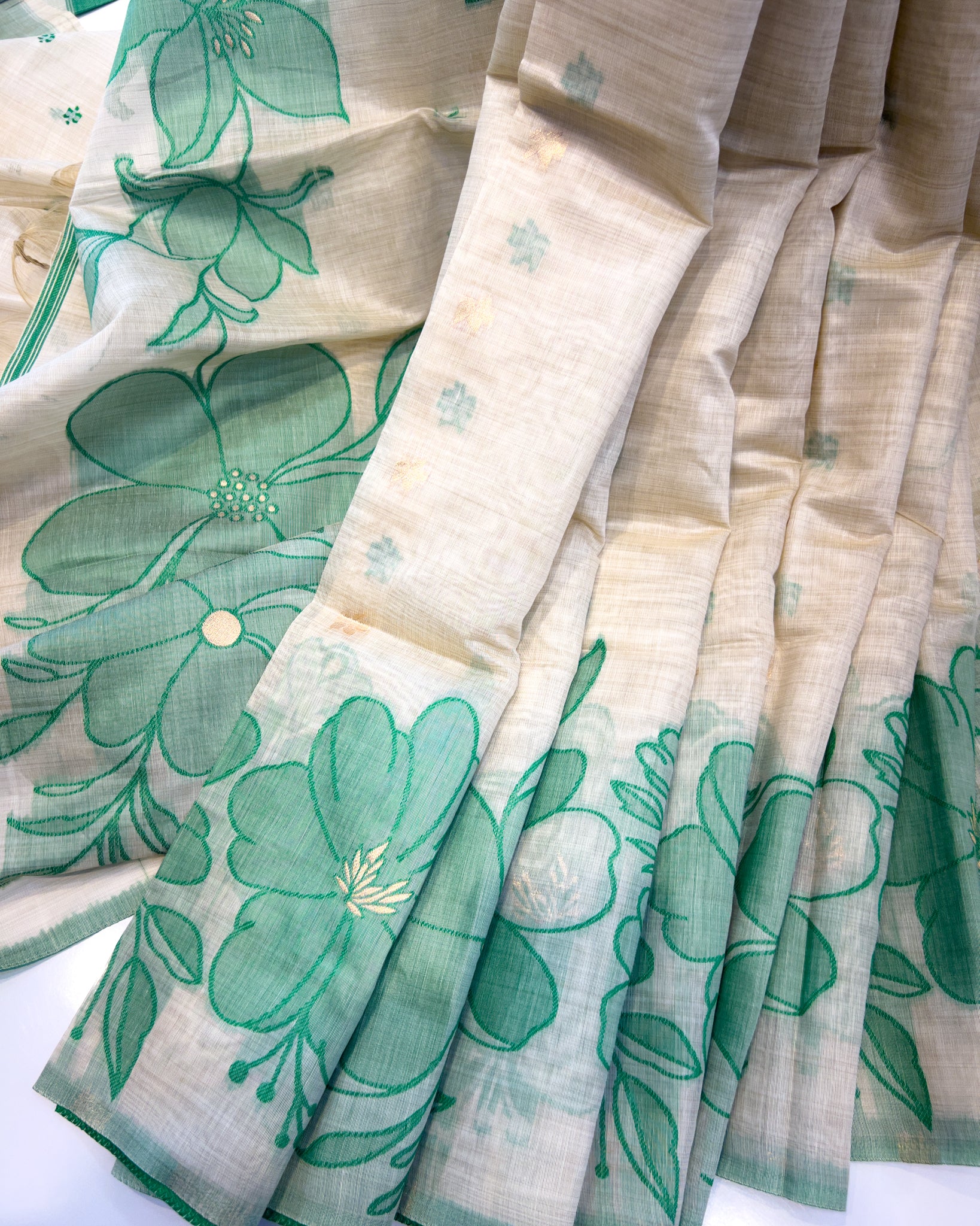 Cream Muga Cotton Saree with Green Floral Threadwork