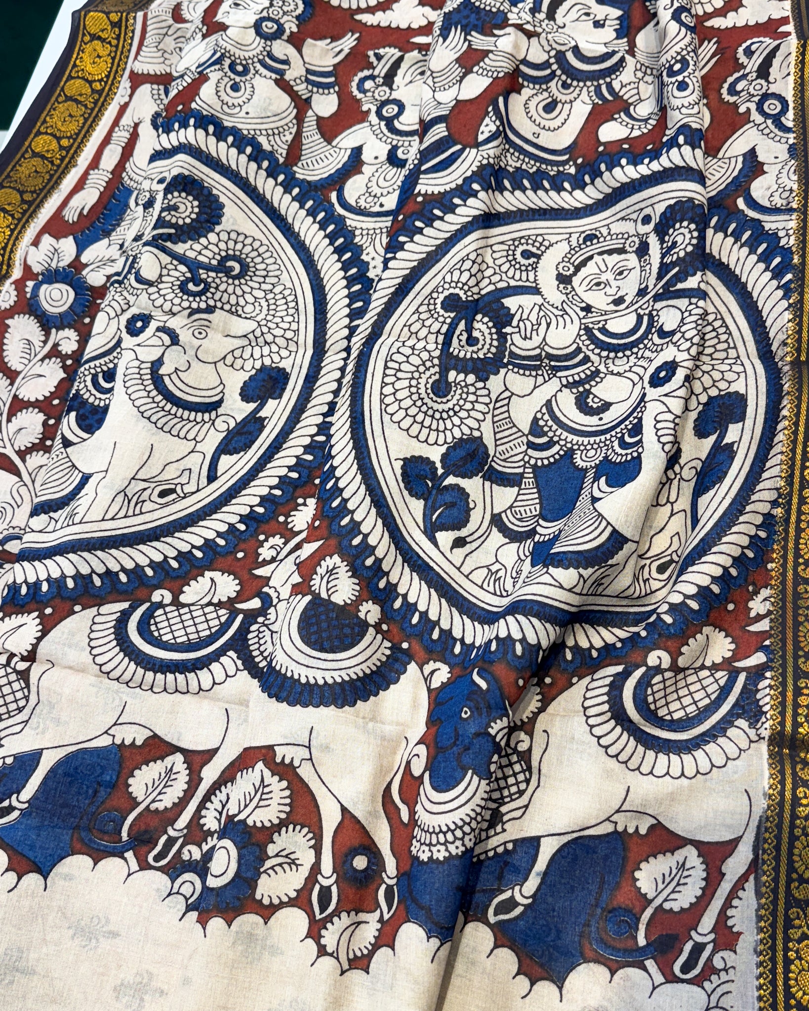 Kalamkari Cotton Saree with Nizam Border – White Village Pattern