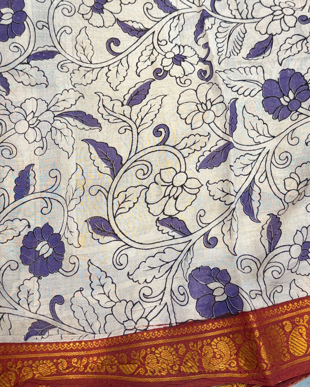 Kalamkari Cotton Saree with Nizam Border – White Floral Pattern