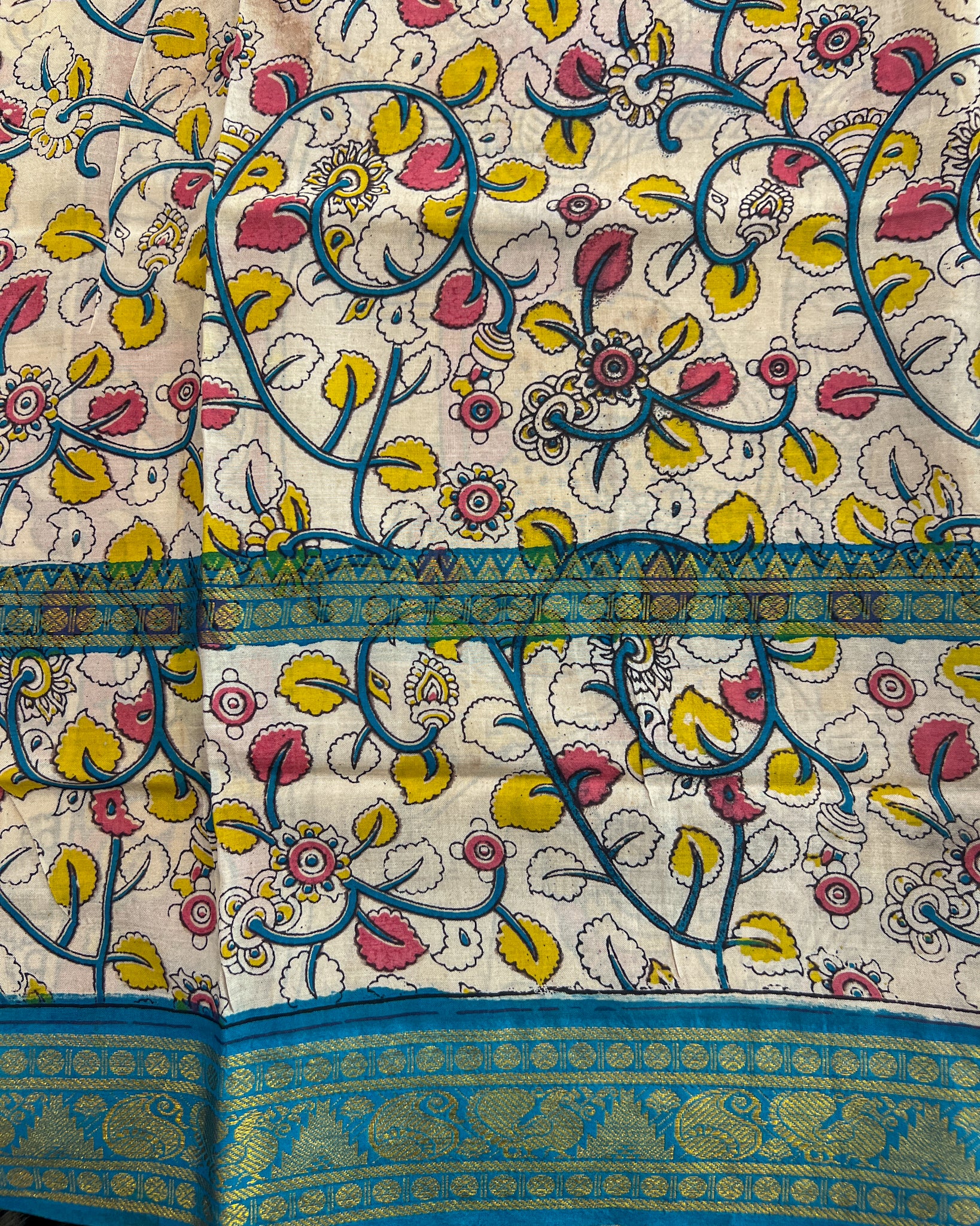Mangalagiri Silk Saree with Kalamkari Border & Pallu | Blues