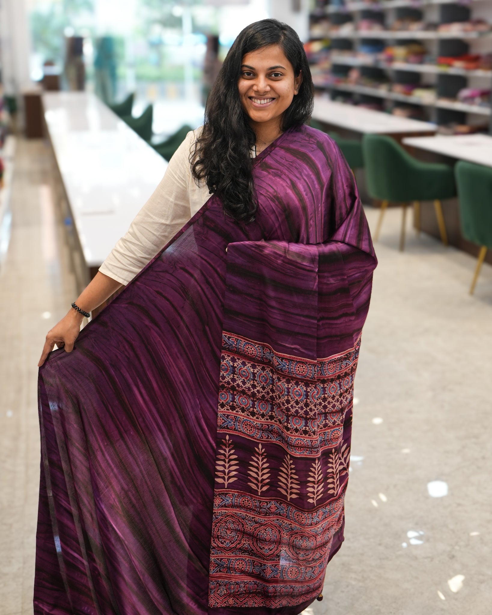 Premium Semi Modal Silk Saree in Plum with Shibori & Ajrakh Print