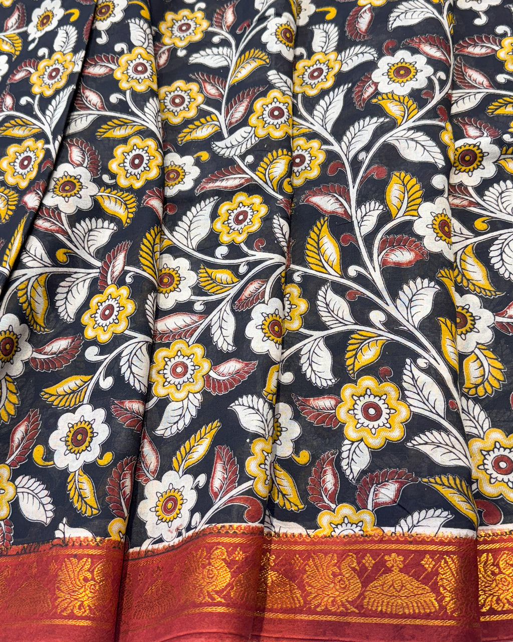 Kalamkari Cotton Saree with Nizam Border – Black Floral Pattern