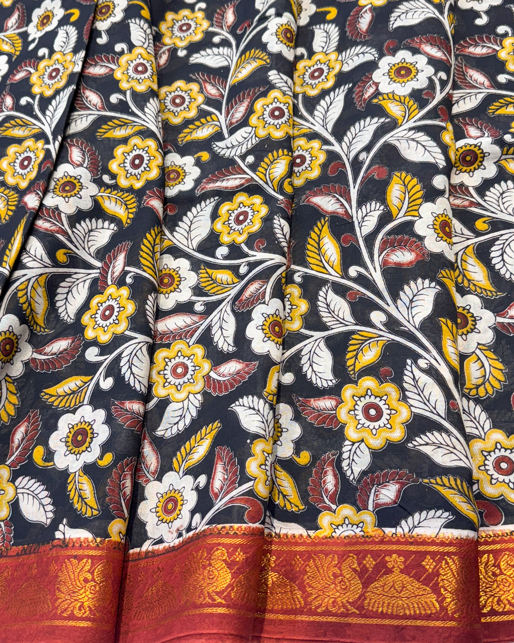 Kalamkari Cotton Saree with Nizam Border – Black Floral Pattern