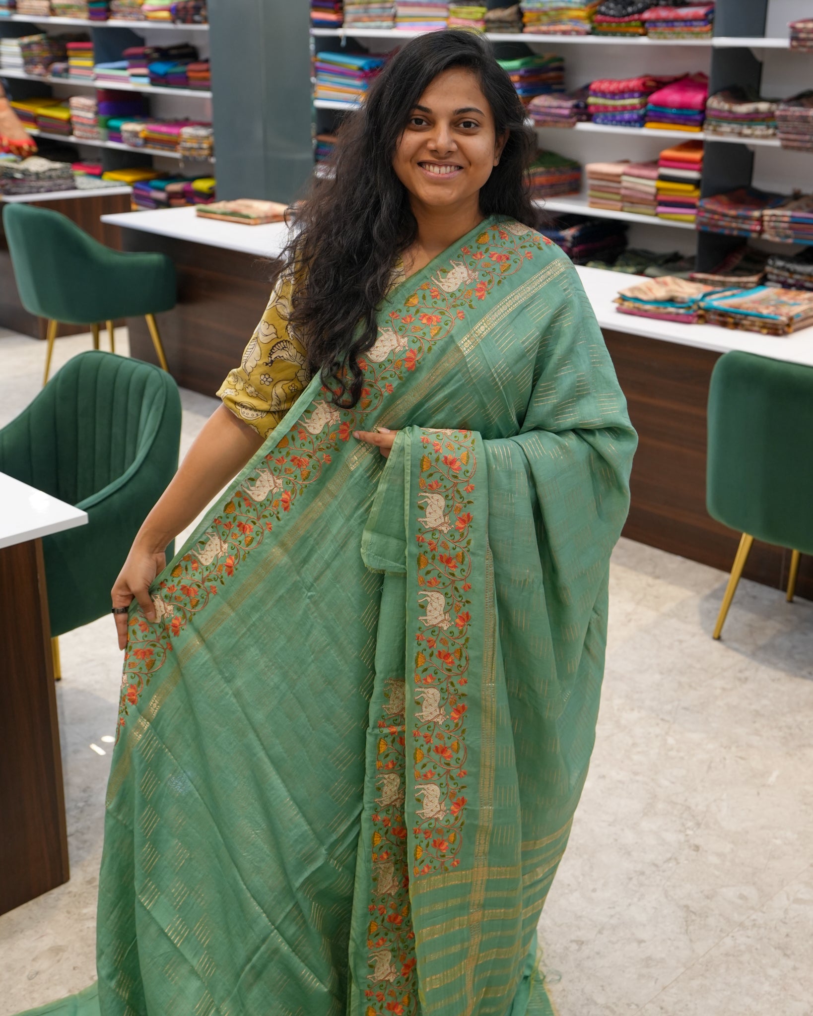 Soft Tussar Sea Green Premium Saree with Zari Work & Pichwai Embroidered Border