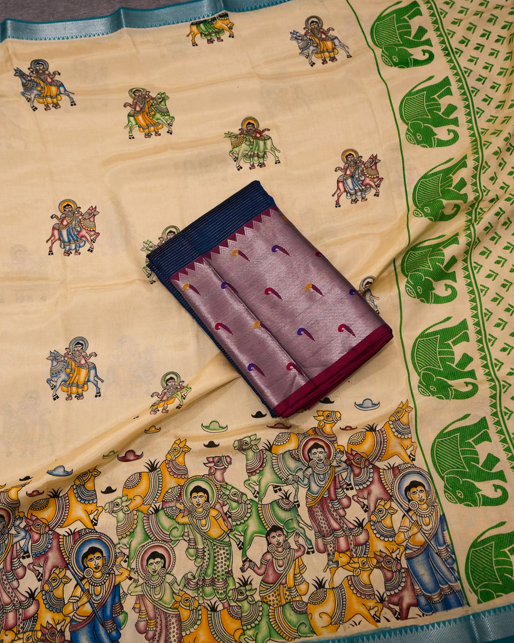 Mangalagiri Silk Teal Blue Lehenga Set Kalamkari Dupatta