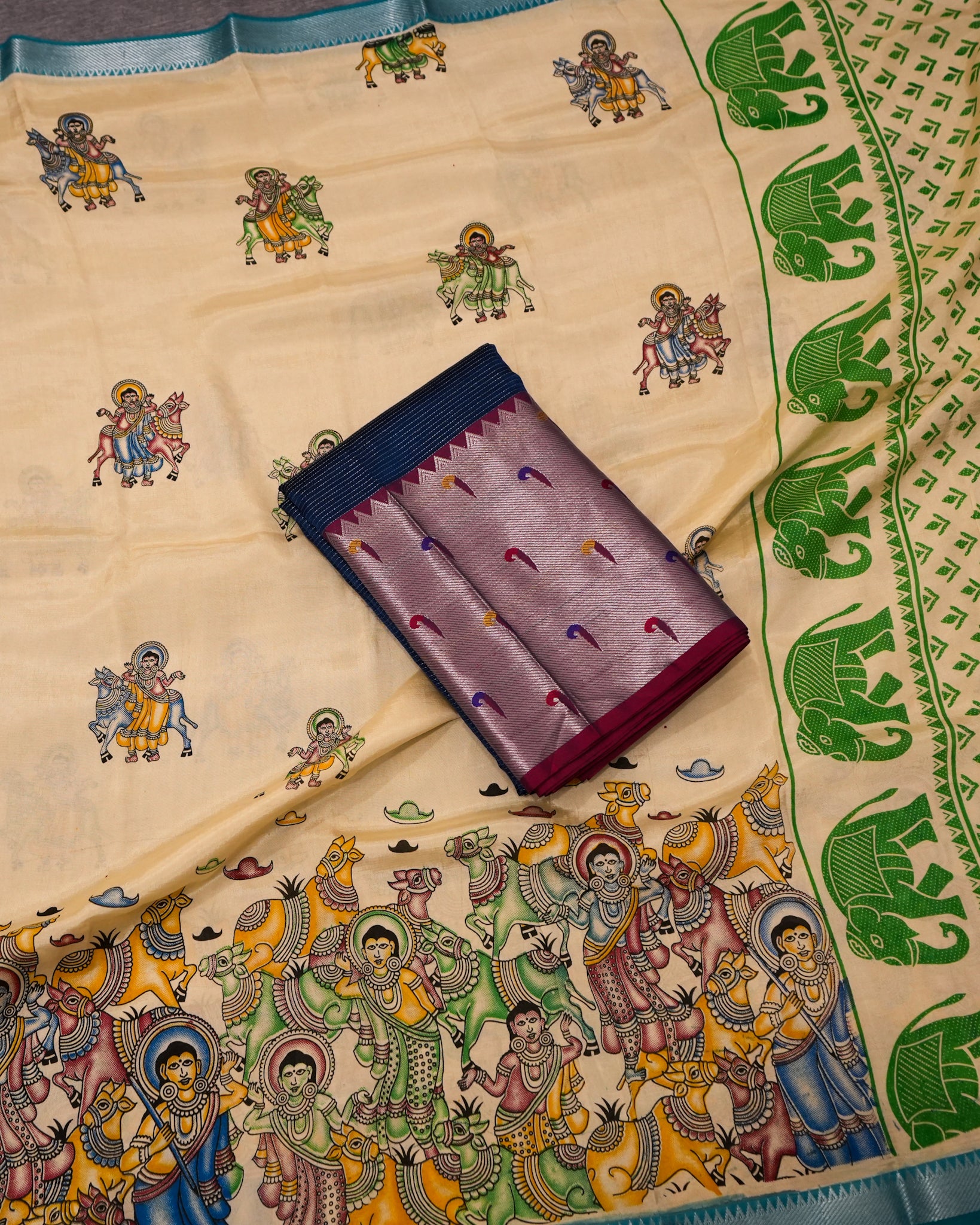 Mangalagiri Silk Teal Blue Lehenga Set Kalamkari Dupatta