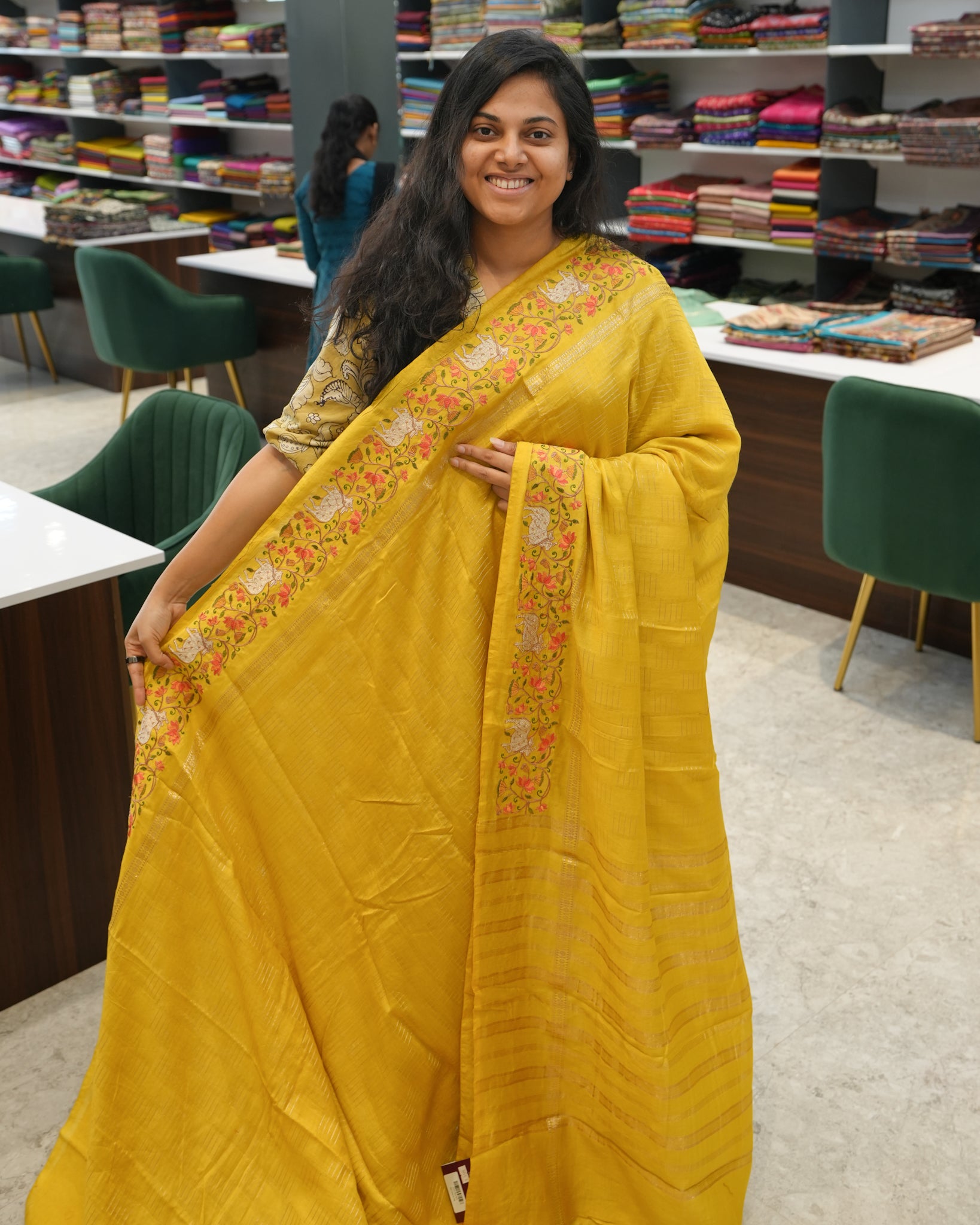 Soft Tussar Yellow Premium Saree with Zari Work & Pichwai Embroidered Border