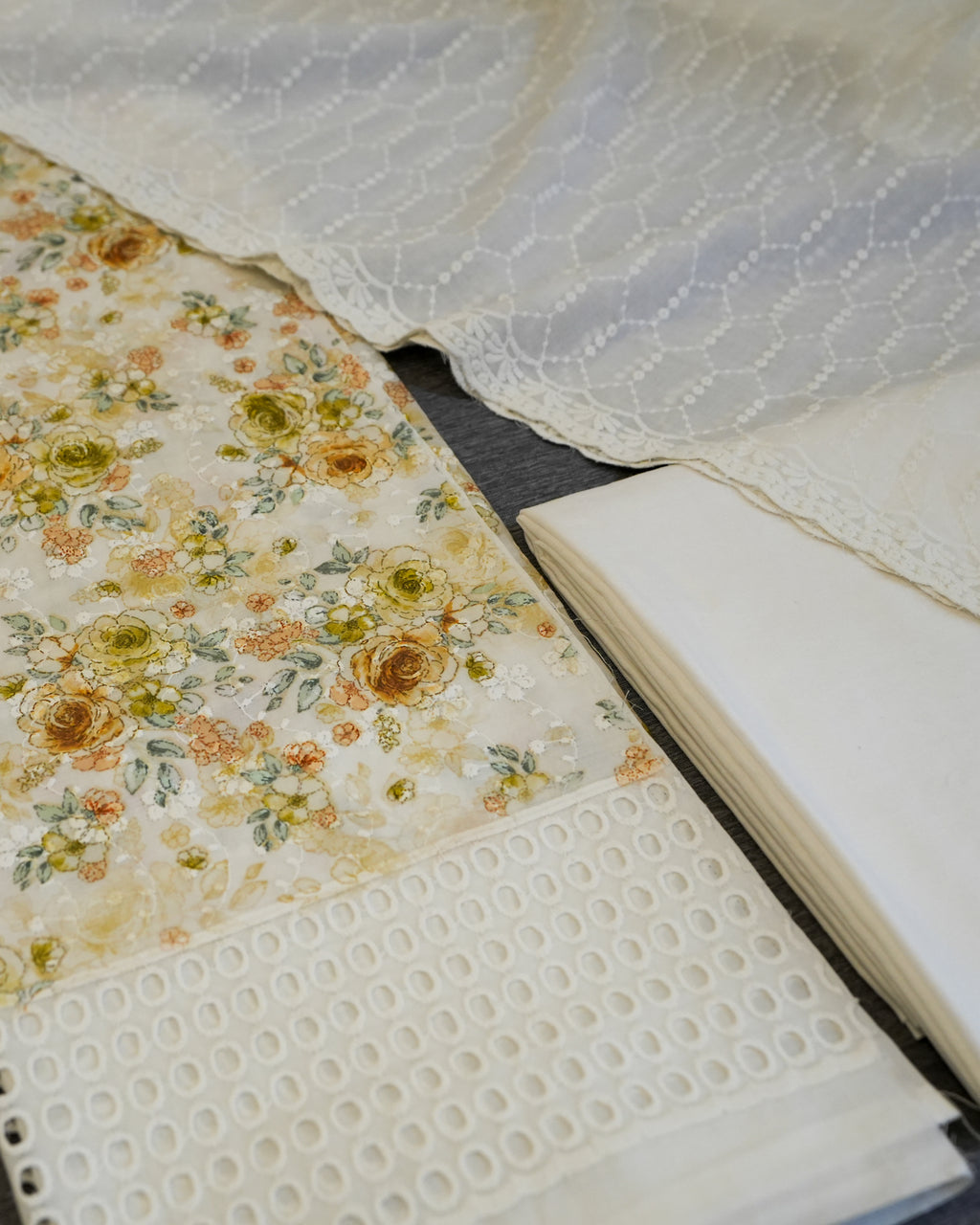 Cream & Yellow Cotton Chikankari Embroidered Floral Printed Unstitched Suit