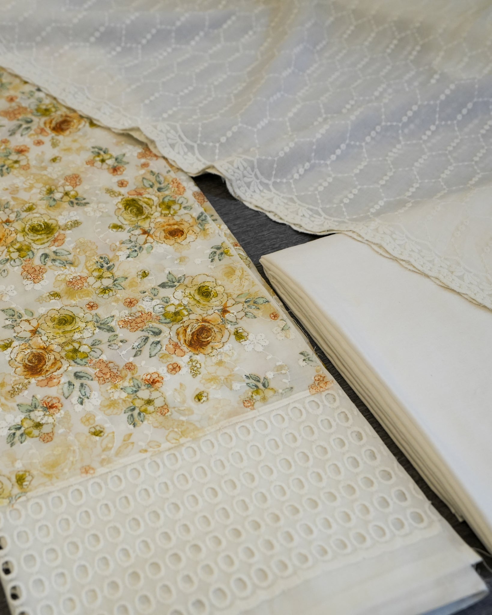 Cream & Yellow Cotton Chikankari Embroidered Floral Printed Unstitched Suit