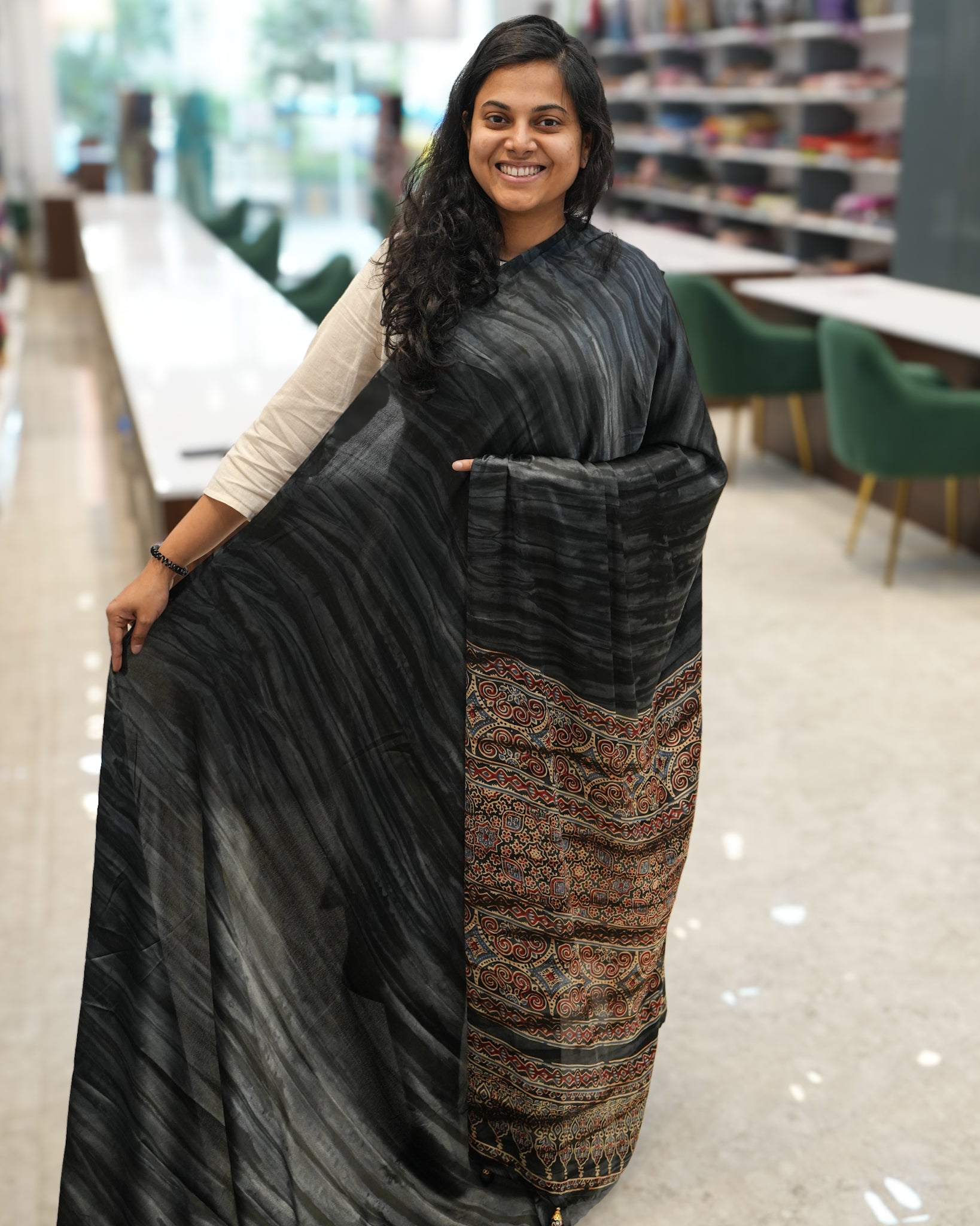 Premium Semi Modal Silk Saree in Gray with Shibori & Ajrakh Print