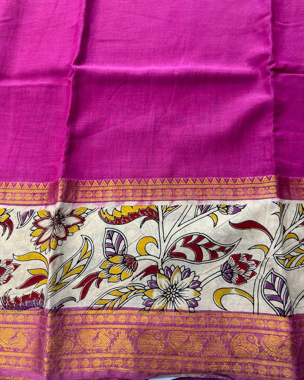 Mangalagiri Silk Saree with Kalamkari Border & Pallu | Pink