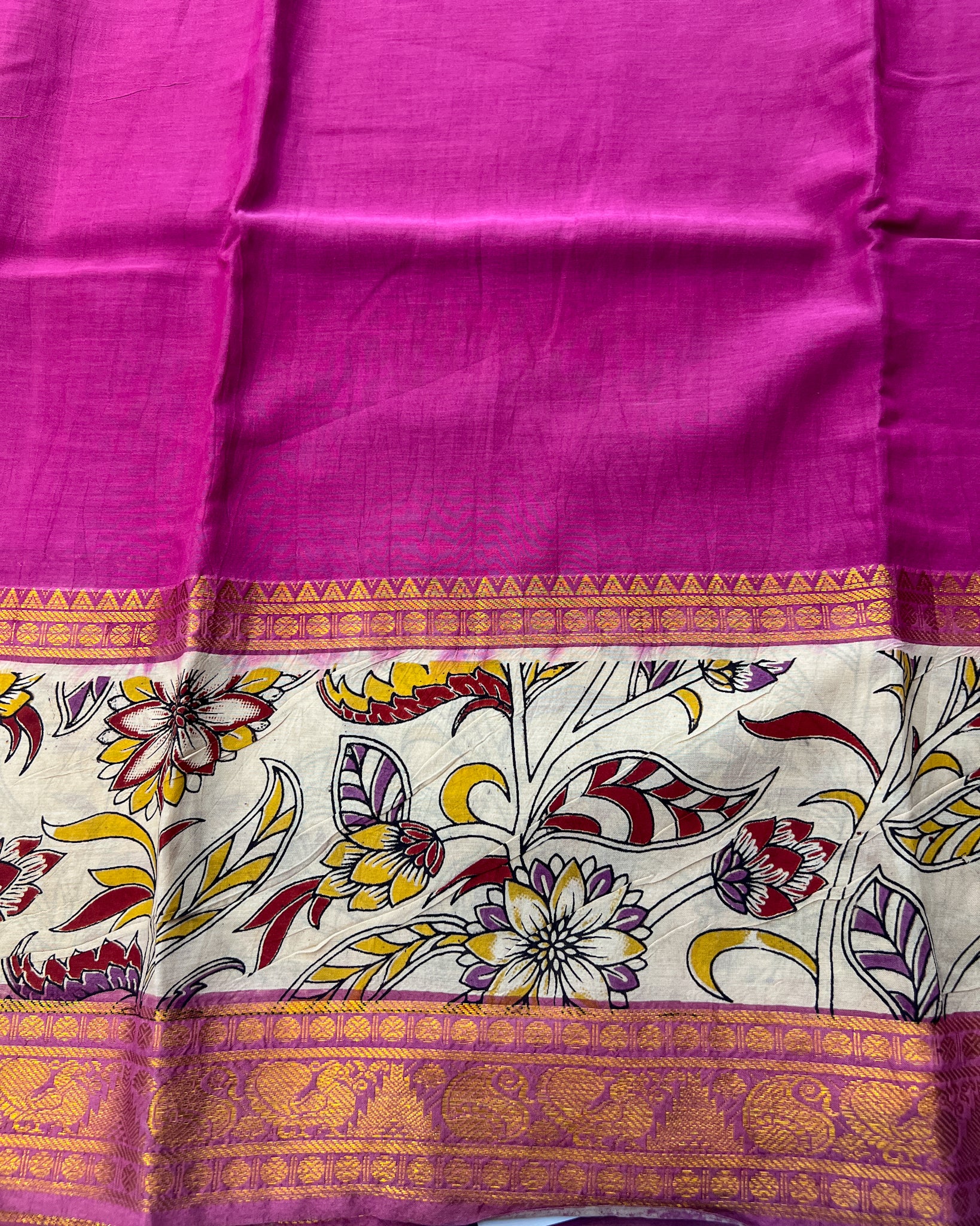 Mangalagiri Silk Saree with Kalamkari Border & Pallu | Pink