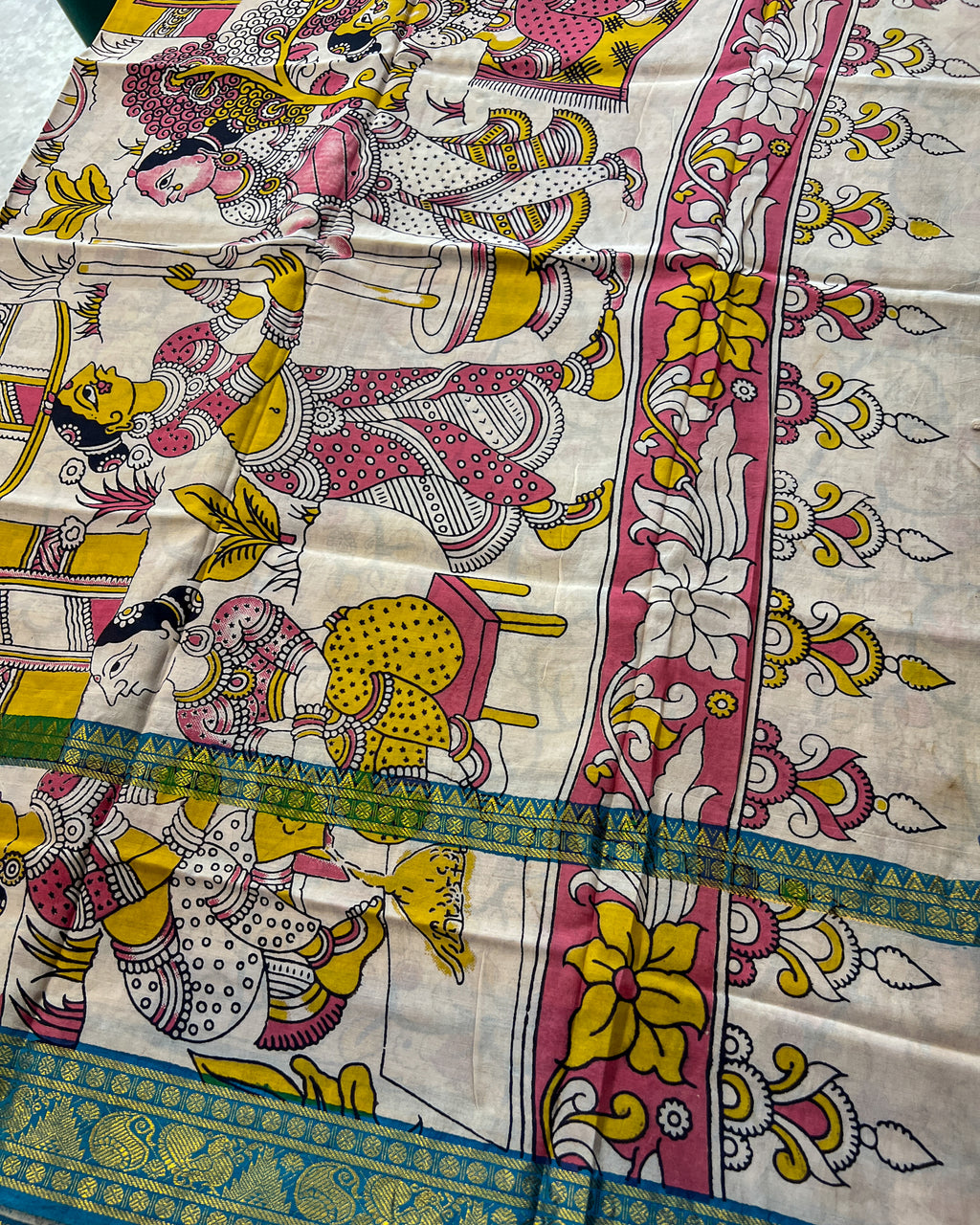 Mangalagiri Silk Saree with Kalamkari Border & Pallu | Blues