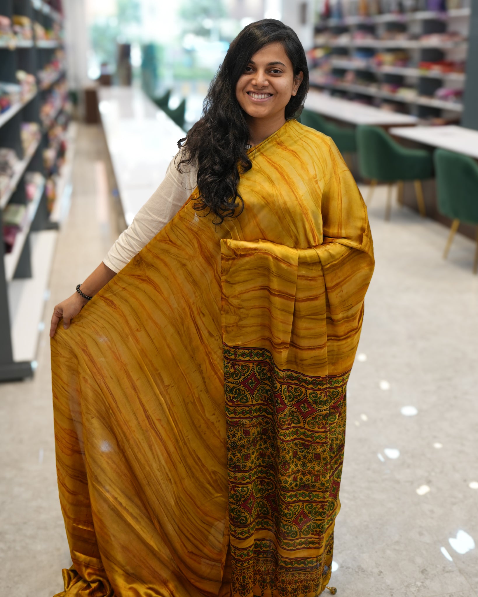 Premium Semi Modal Silk Saree in Yellow with Shibori & Ajrakh Print