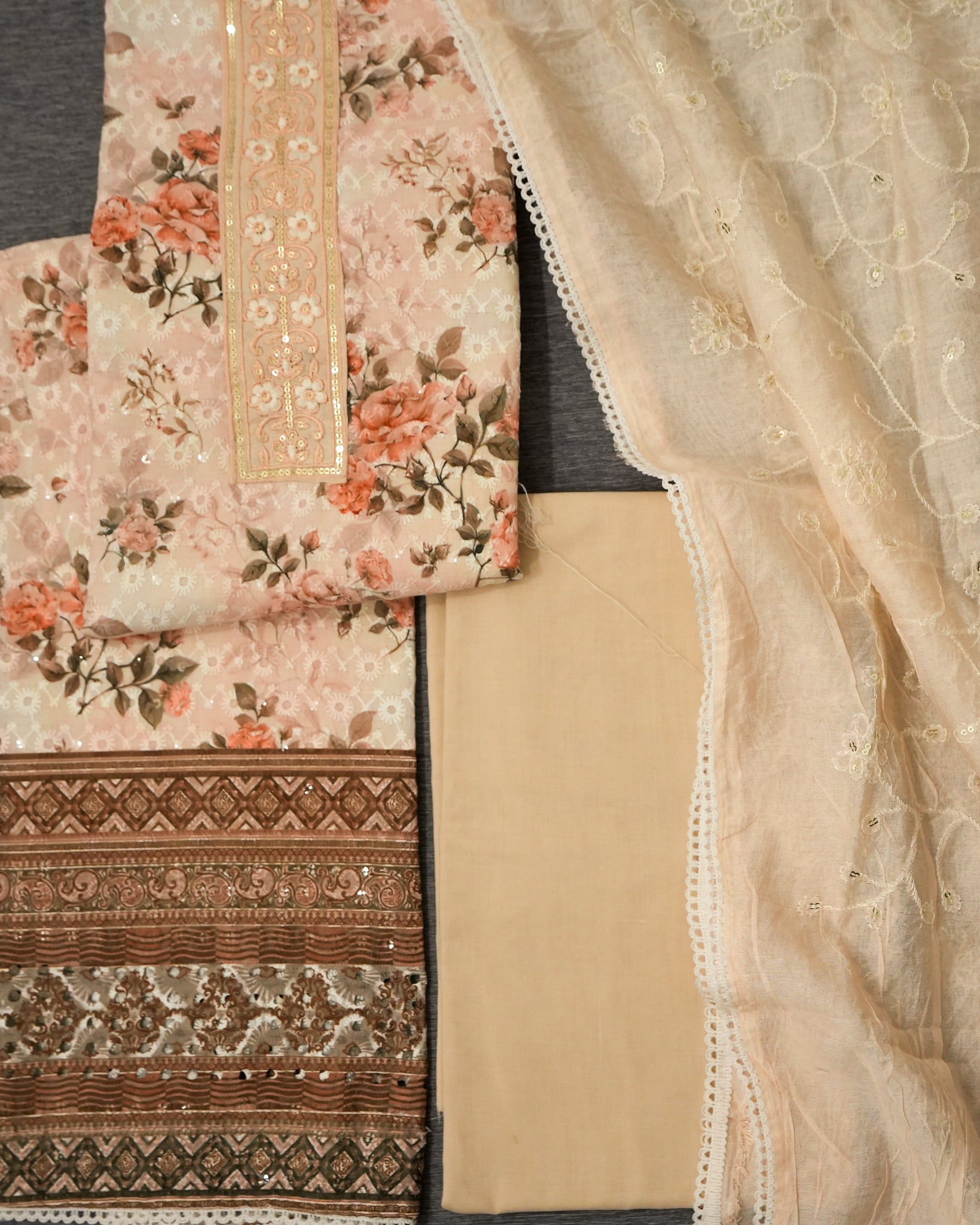 Orange Cotton Chikankari Embroidered Floral Printed Unstitched Suit