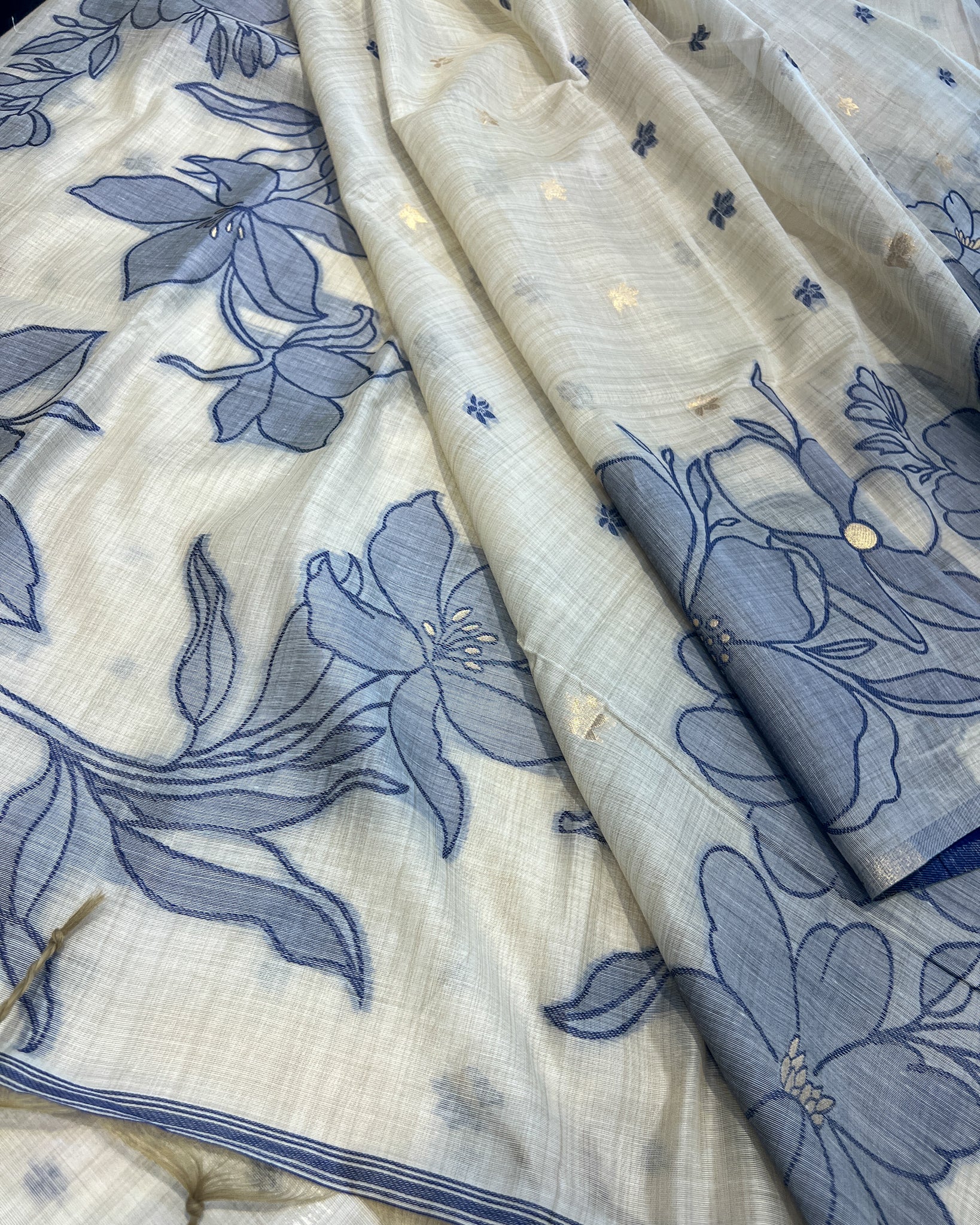 Cream Muga Cotton Saree with Blue Floral Threadwork